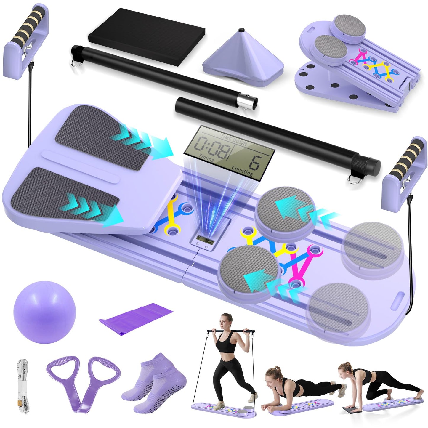 Pilates Board, Foldable Pilates Reformer Set for Home Workout with Timer, 6-in-1 Multifunctional Portable Reformer Pilates Machine at Home Pilates Equipment for Fitness,