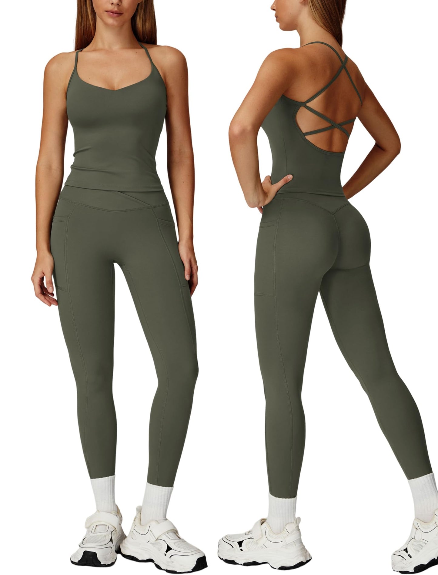 Women 2 Piece Workout Sets Padded Criss Cross Back Crop Tank Tops Tummy Control Leggings Yoga Outfits with Pocket
