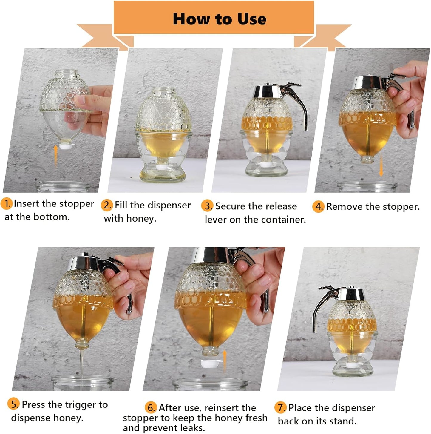 Timtopno Honey Dispenser, Glass Honey Dispenser No Drip, Honey Pot with Stand, 8 oz Honey Jar, Maple Syrup Honey Container, Elegant Honeycomb Design for Home Decor for Any Occasion
