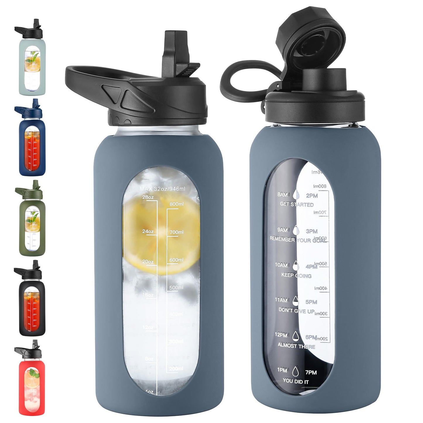 CIVAGO 32 oz Glass Water Bottle with Straw and Handle, Large Sports Motivational Water Bottle Flask with Time Marker and 2 Lids, Leakproof Water Jug Canteen with Silicone Sleeve for Gym,Black