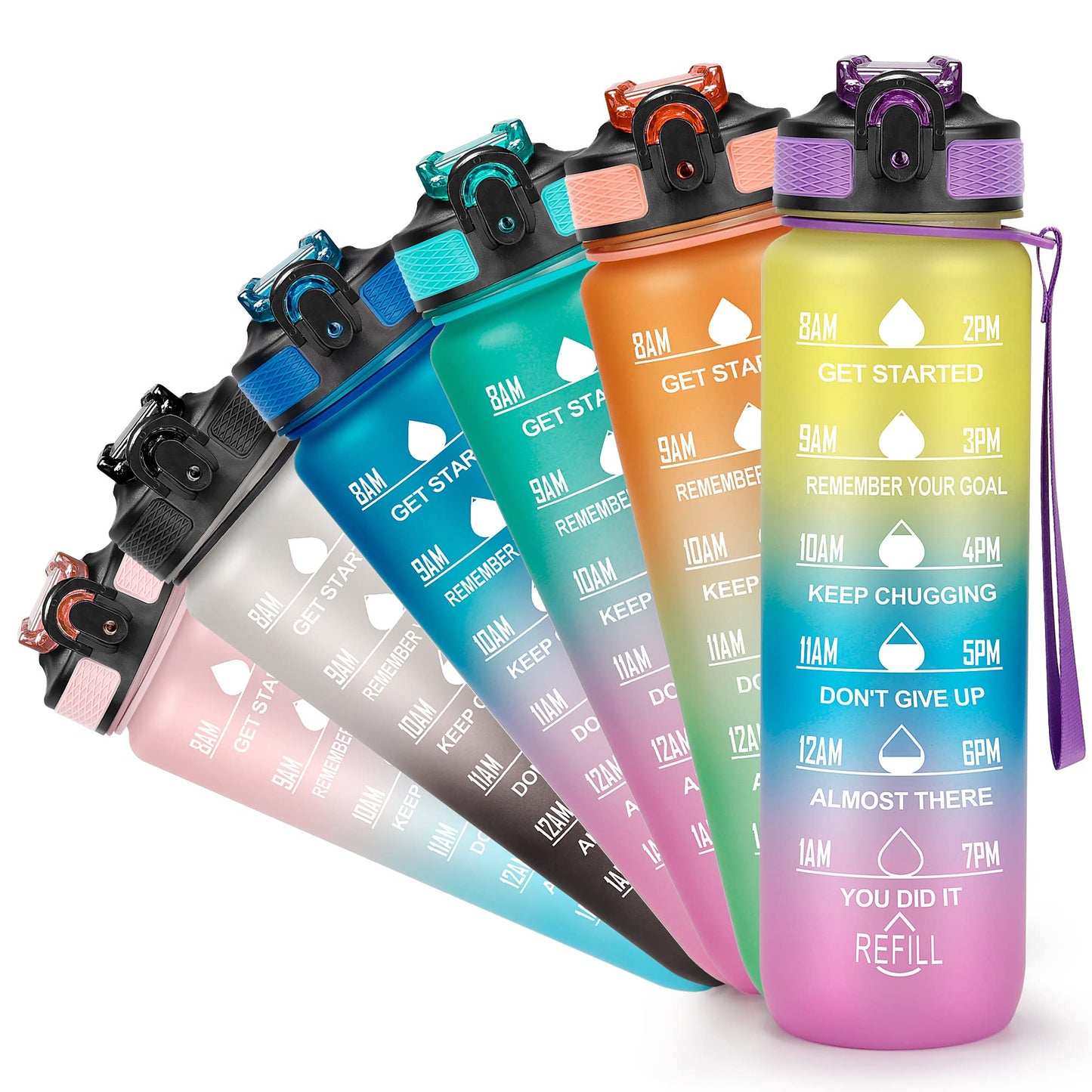 YC Kitchen Motivational Water Bottle with Time Marker- 32oz Water Bottles with Times to Drink, Leakproof & BPA Free Sports Water Bottle with Straw & Carry Strap for Fitness, Gym, and Outdoor Sports