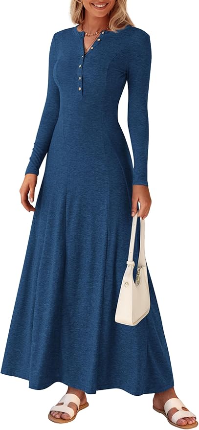 PRETTYGARDEN Casual Maxi Dress for Women 2024 Fall Fashion Clothes Long Sleeve Button Fit and Flare Long Flowy Dresses