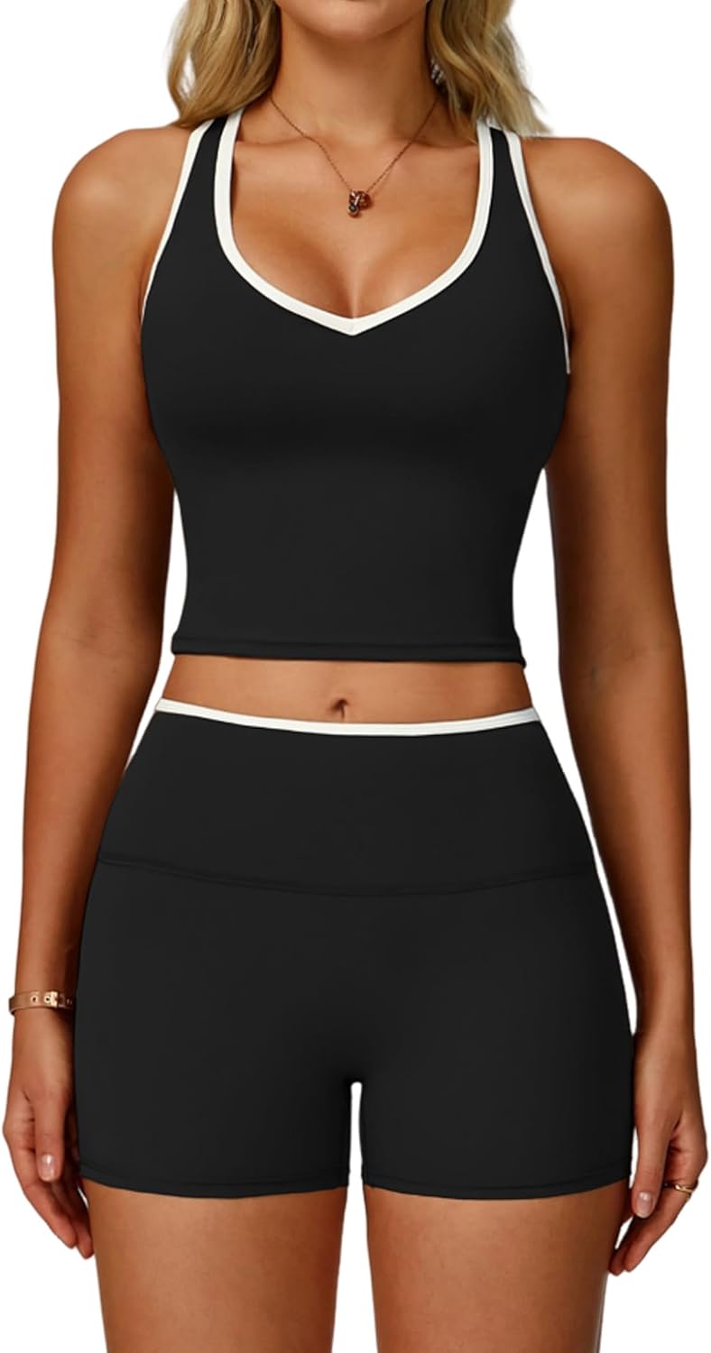 Women 2 Piece Workout Sets Racerback Color Block Tank Top High Waist Tummy Control Shorts Yoga Outfits