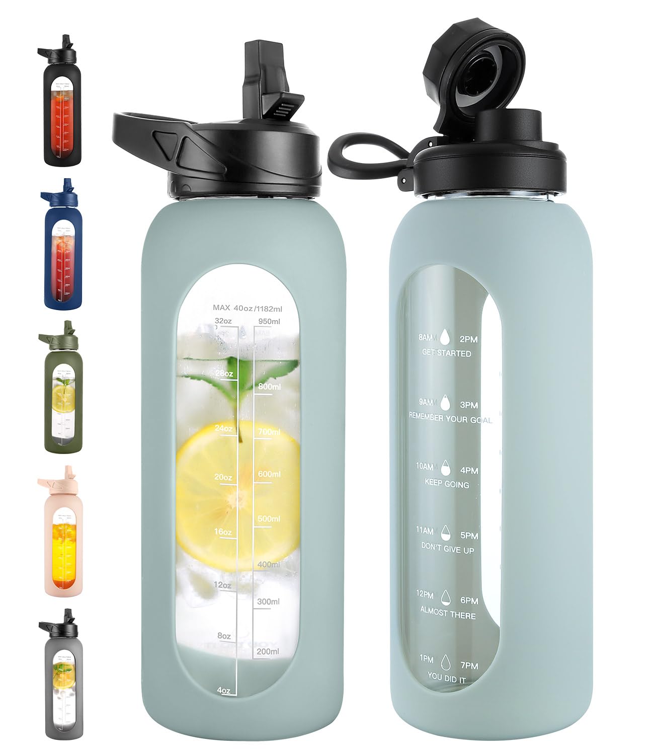 CIVAGO 32 oz Glass Water Bottle with Straw and Handle, Large Sports Motivational Water Bottle Flask with Time Marker and 2 Lids, Leakproof Water Jug Canteen with Silicone Sleeve for Gym,Black