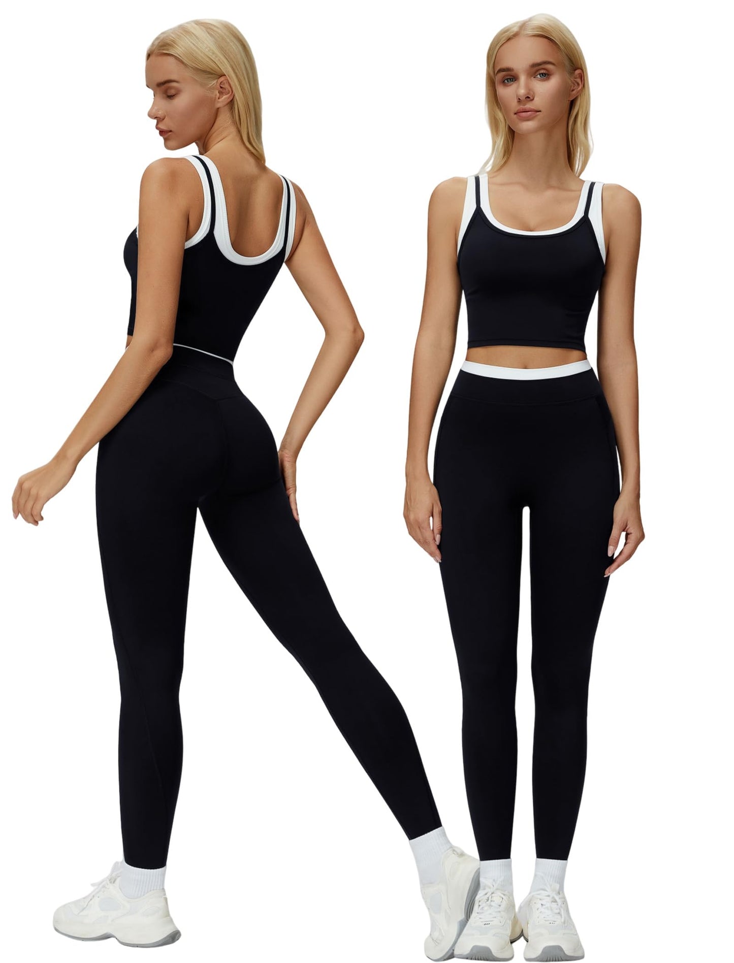 Women 2 Piece Workout Sets Racerback Color Block Tank Tops High Waist Tummy Control Active Leggings Yoga Outfits