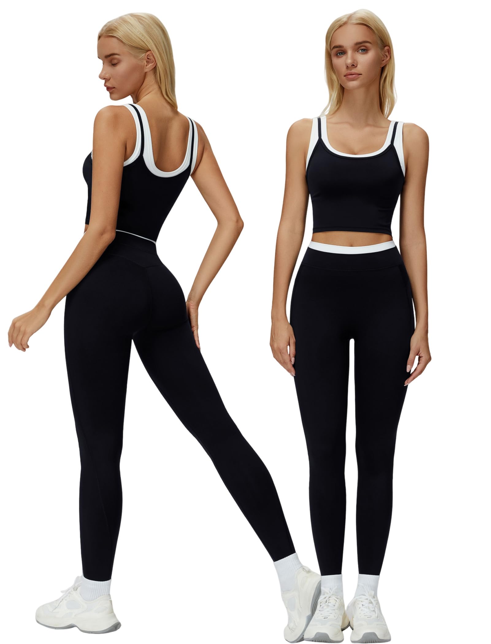 Women 2 Piece Workout Sets Racerback Color Block Tank Tops High Waist Tummy Control Active Leggings Yoga Outfits