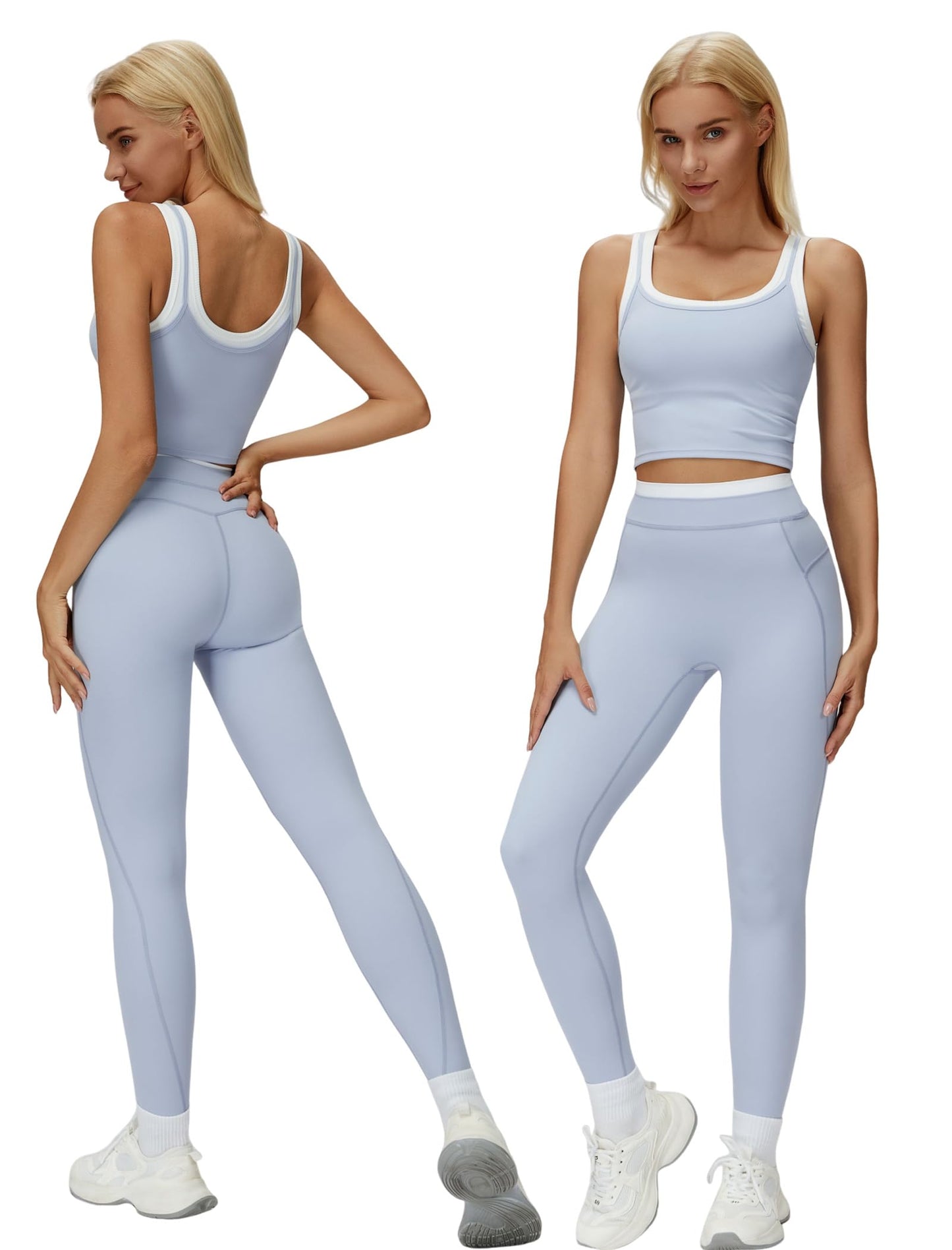 Women 2 Piece Workout Sets Racerback Color Block Tank Tops High Waist Tummy Control Active Leggings Yoga Outfits