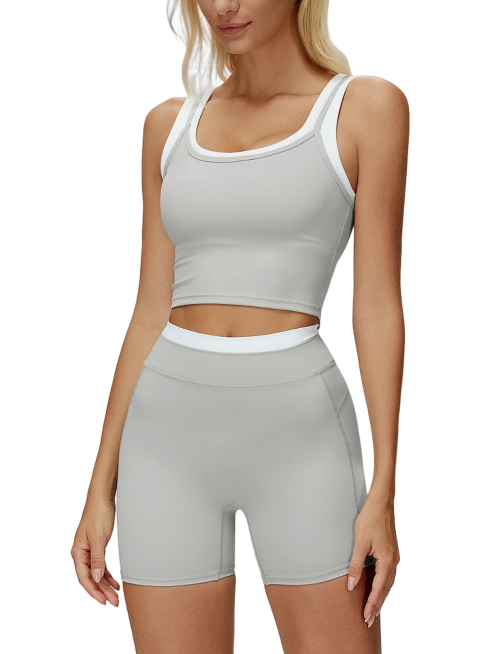 Women 2 Piece Workout Sets Racerback Color Block Tank Top High Waist Tummy Control Shorts Yoga Outfits