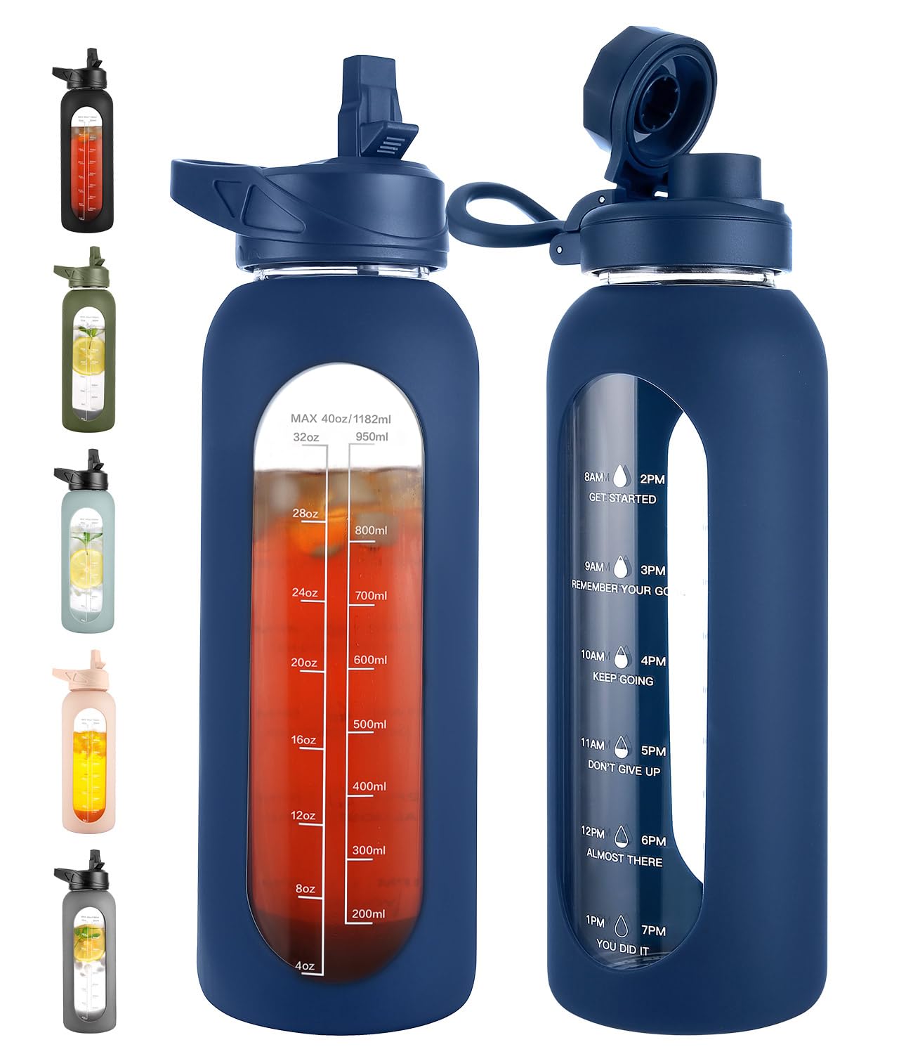 CIVAGO 32 oz Glass Water Bottle with Straw and Handle, Large Sports Motivational Water Bottle Flask with Time Marker and 2 Lids, Leakproof Water Jug Canteen with Silicone Sleeve for Gym,Black