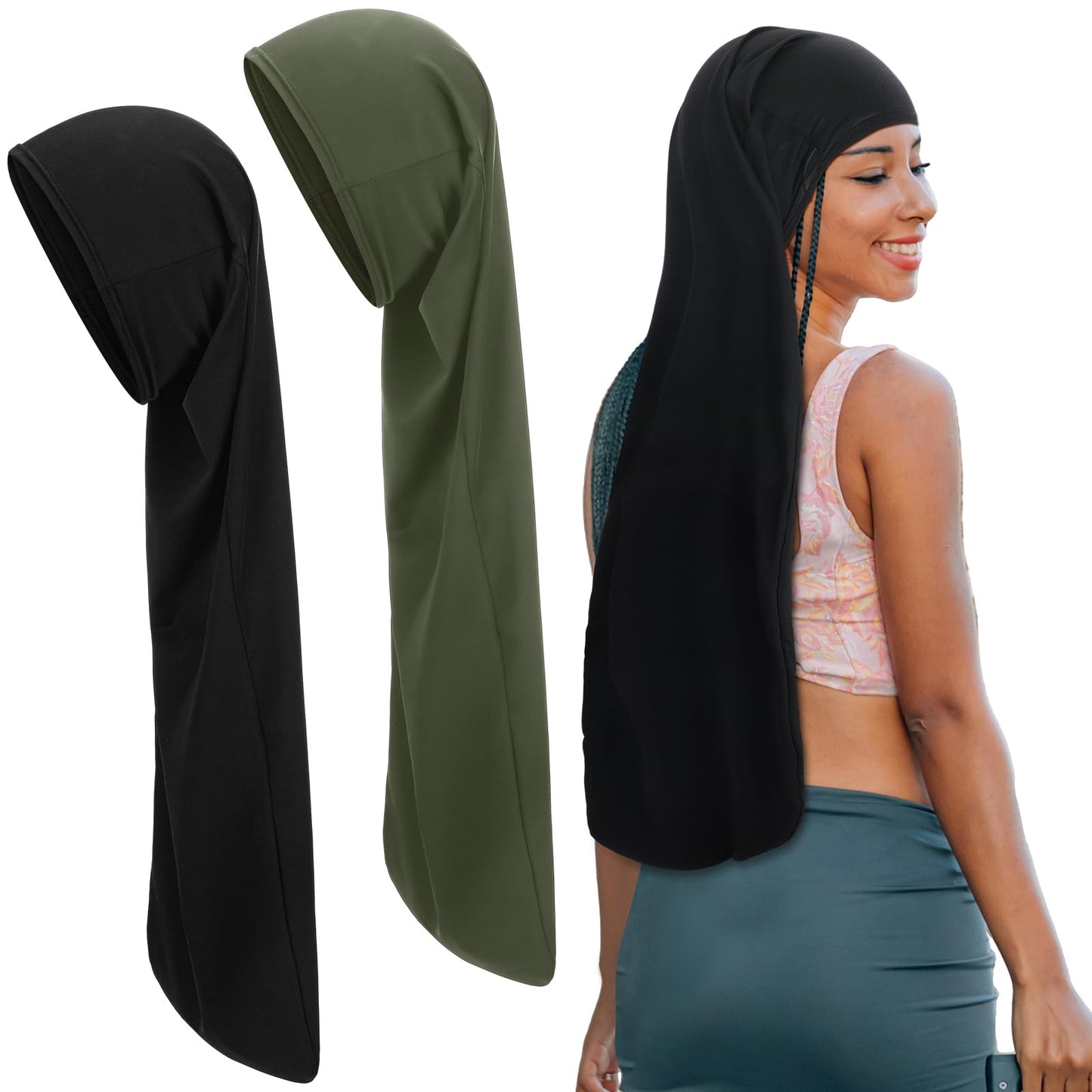 2 Pcs Jumbo Dreadlock Cap Hair Dreads Head Wrap Loc Wraps for Dreads Hair Accessories for Men Women Sleeping(Black,Black,37 Inches)