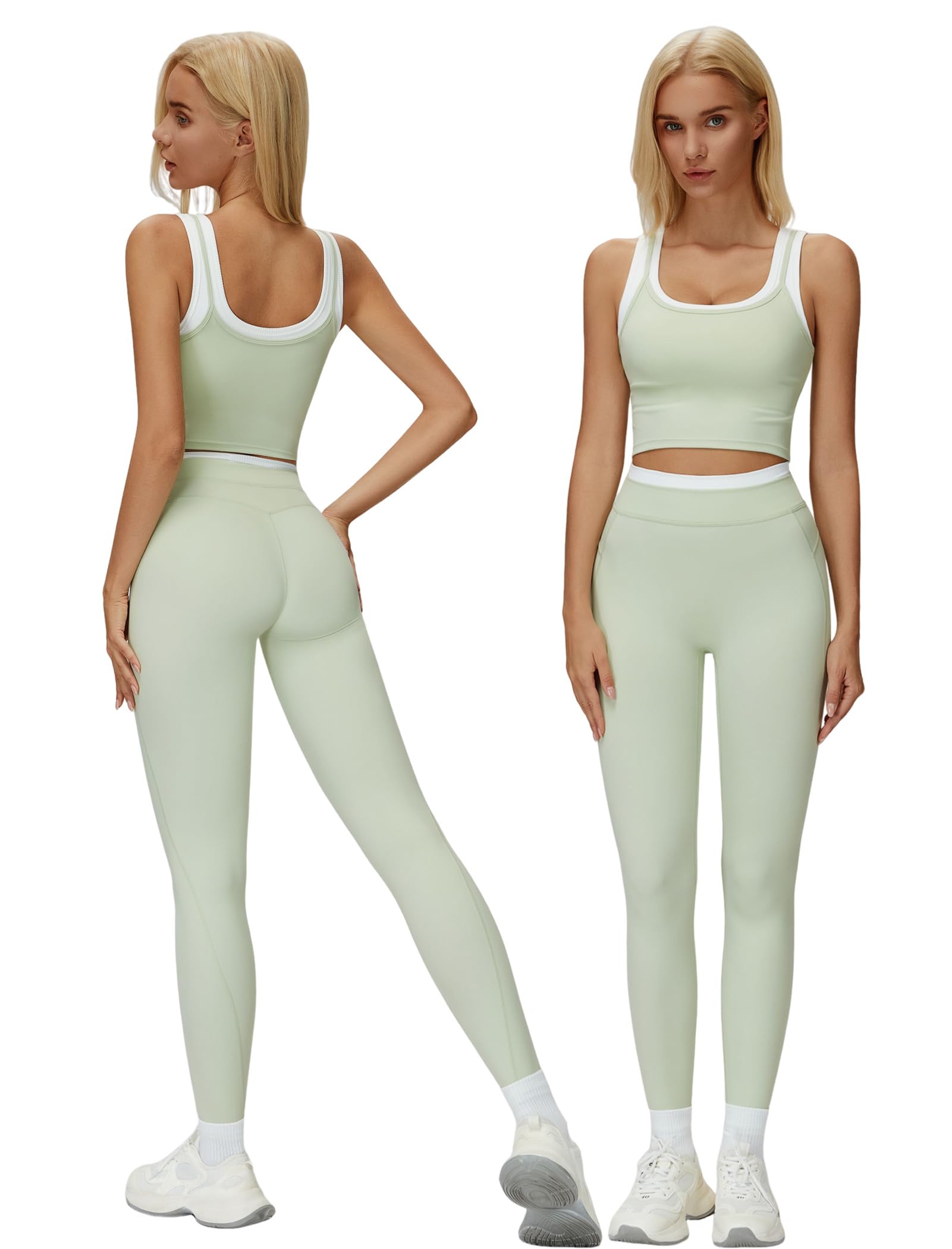 Women 2 Piece Workout Sets Racerback Color Block Tank Tops High Waist Tummy Control Active Leggings Yoga Outfits