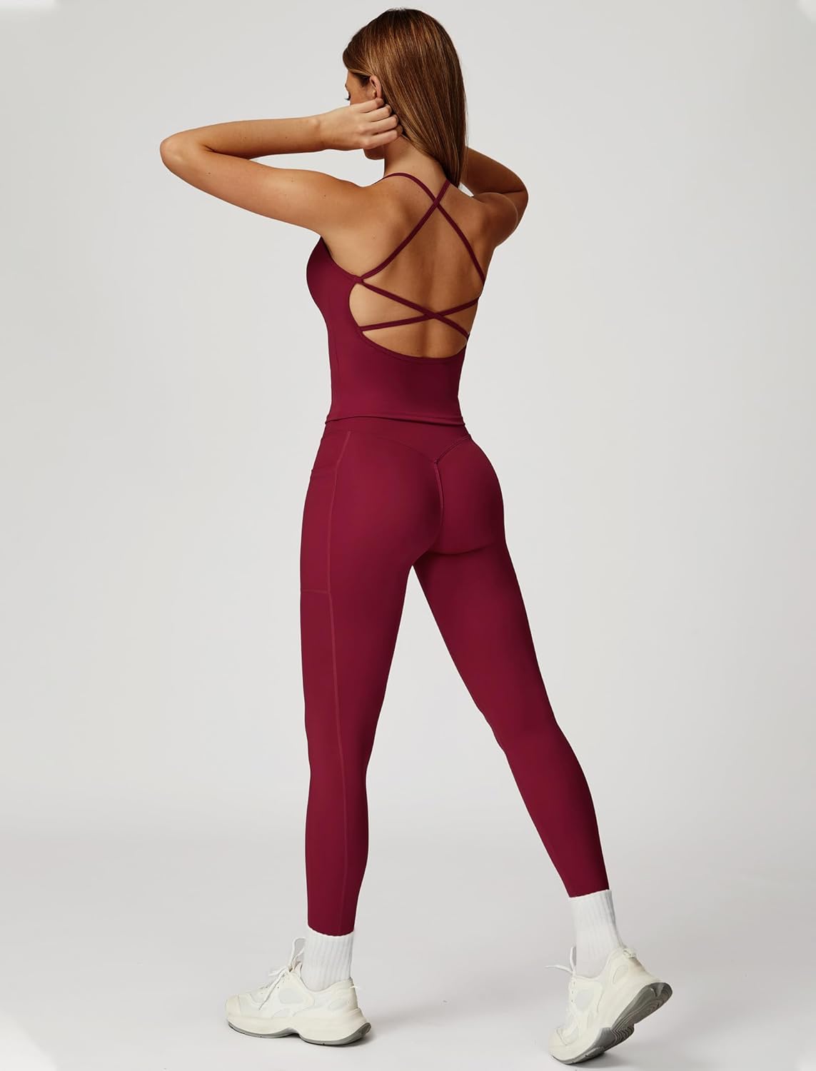 Women 2 Piece Workout Sets Padded Criss Cross Back Crop Tank Tops Tummy Control Leggings Yoga Outfits with Pocket