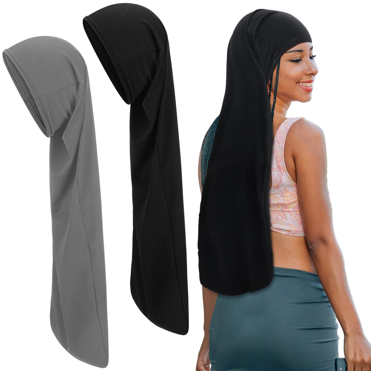 2 Pcs Jumbo Dreadlock Cap Hair Dreads Head Wrap Loc Wraps for Dreads Hair Accessories for Men Women Sleeping(Black,Black,37 Inches)