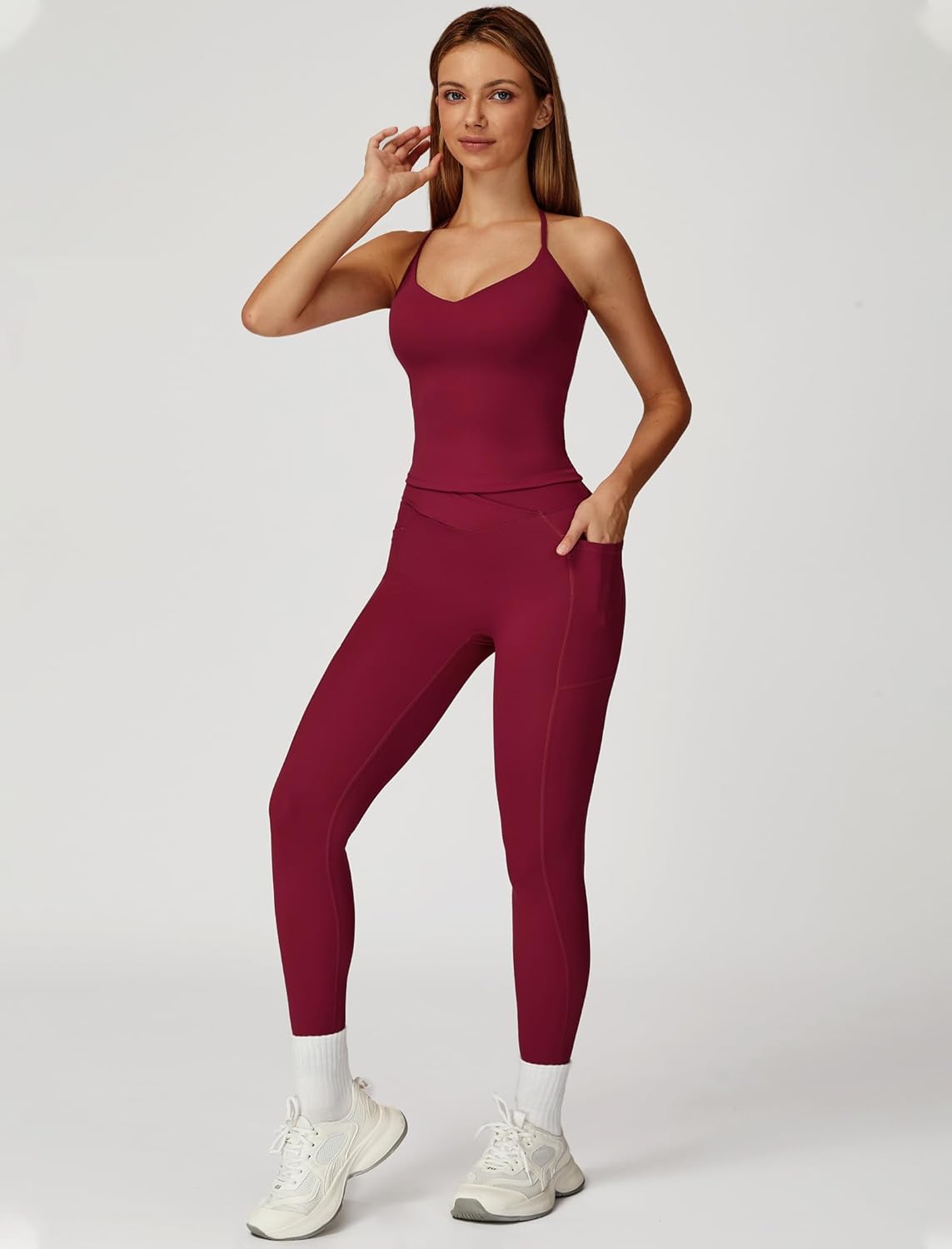 Women 2 Piece Workout Sets Padded Criss Cross Back Crop Tank Tops Tummy Control Leggings Yoga Outfits with Pocket