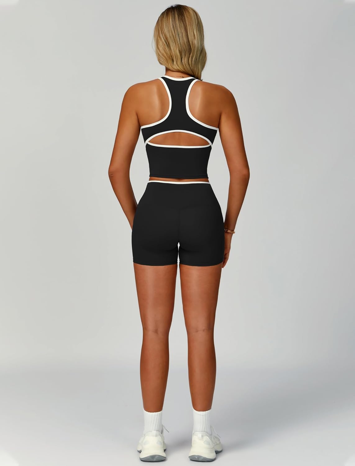 Women 2 Piece Workout Sets Racerback Color Block Tank Top High Waist Tummy Control Shorts Yoga Outfits