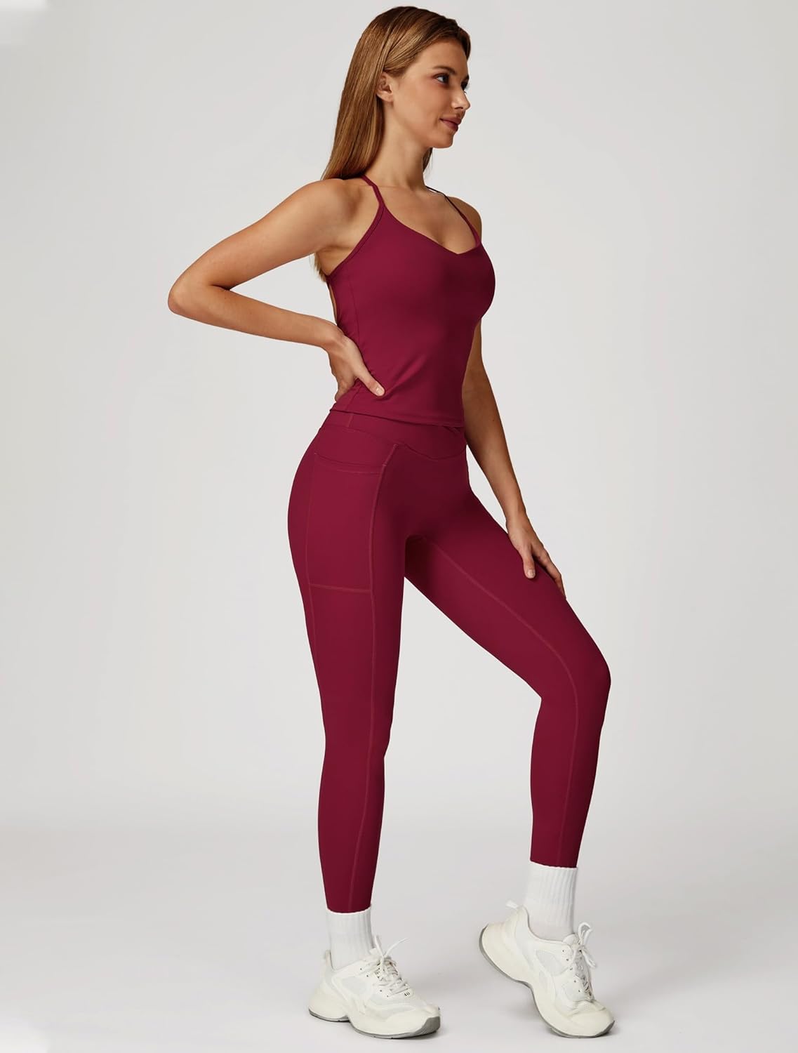 Women 2 Piece Workout Sets Padded Criss Cross Back Crop Tank Tops Tummy Control Leggings Yoga Outfits with Pocket