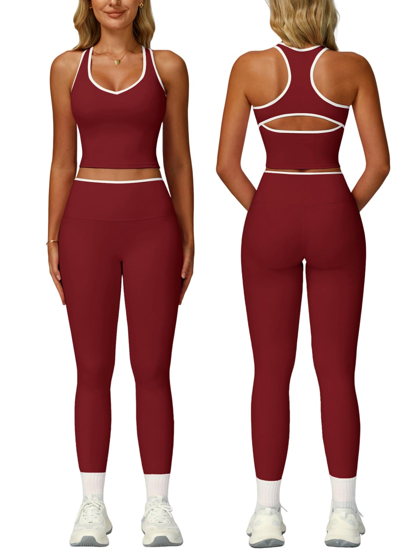 Women 2 Piece Workout Sets Racerback Color Block Tank Tops High Waist Tummy Control Active Leggings Yoga Outfits