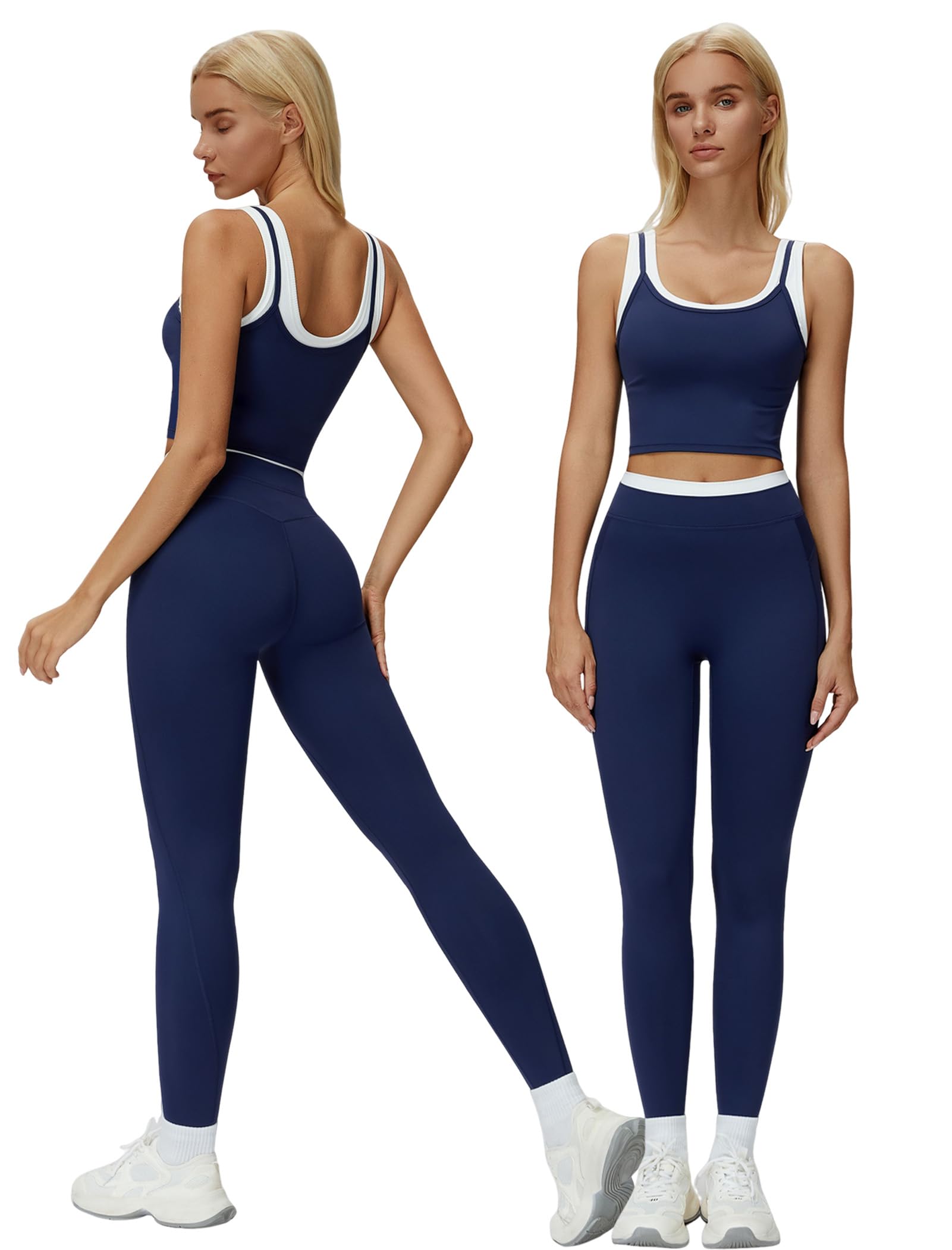 Women 2 Piece Workout Sets Racerback Color Block Tank Tops High Waist Tummy Control Active Leggings Yoga Outfits
