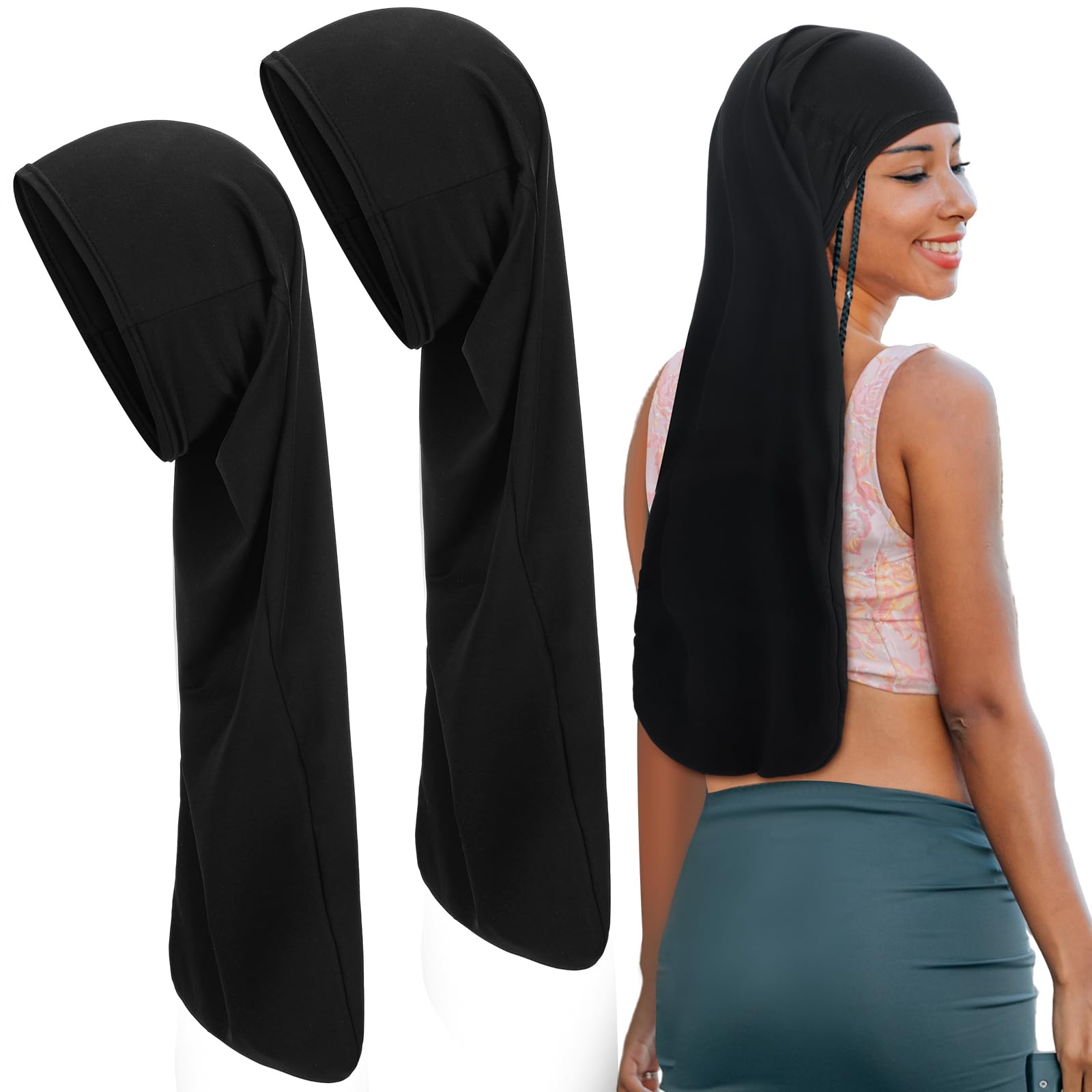 2 Pcs Jumbo Dreadlock Cap Hair Dreads Head Wrap Loc Wraps for Dreads Hair Accessories for Men Women Sleeping(Black,Black,37 Inches)