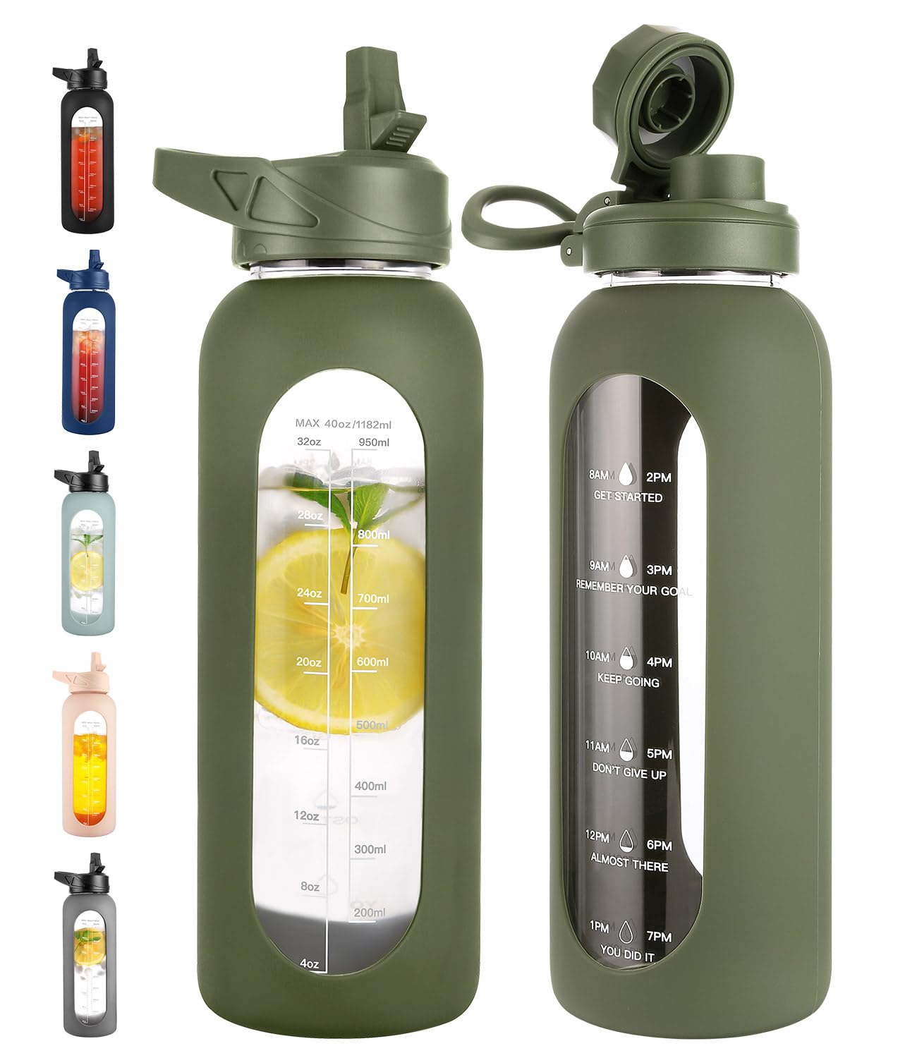 CIVAGO 32 oz Glass Water Bottle with Straw and Handle, Large Sports Motivational Water Bottle Flask with Time Marker and 2 Lids, Leakproof Water Jug Canteen with Silicone Sleeve for Gym,Black