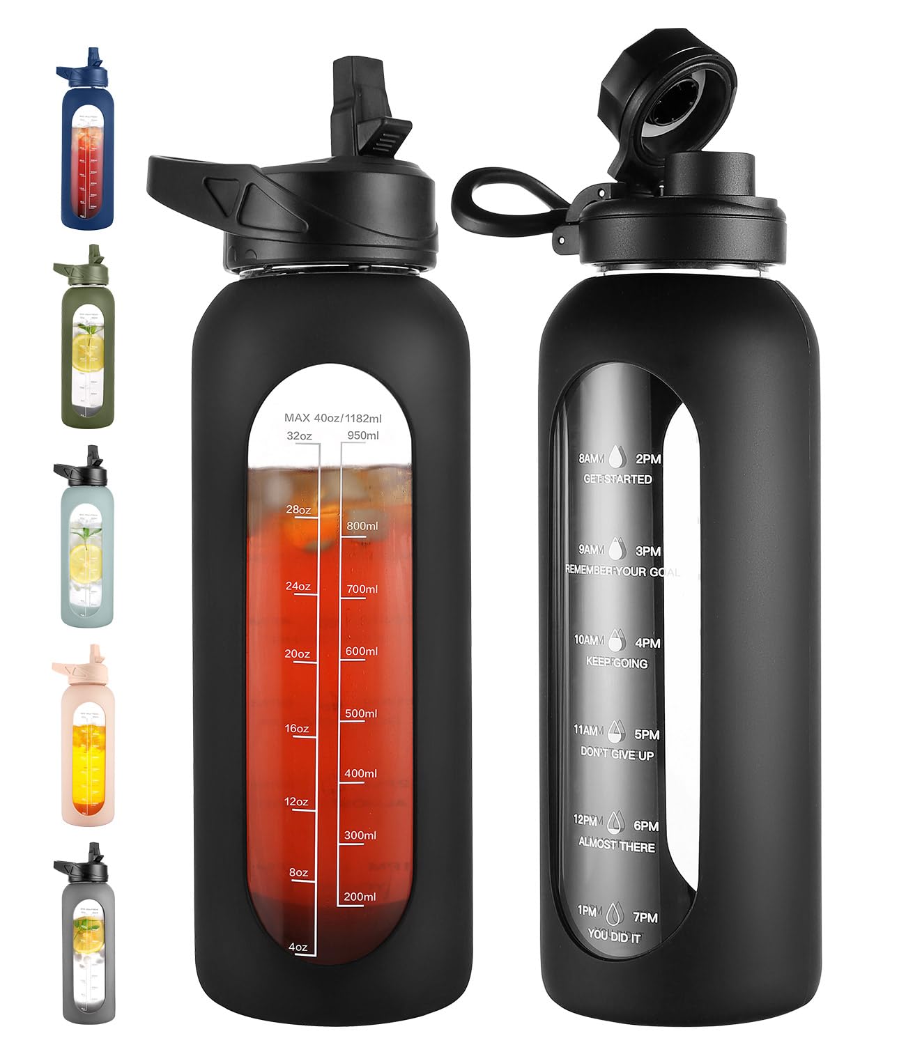 CIVAGO 32 oz Glass Water Bottle with Straw and Handle, Large Sports Motivational Water Bottle Flask with Time Marker and 2 Lids, Leakproof Water Jug Canteen with Silicone Sleeve for Gym,Black