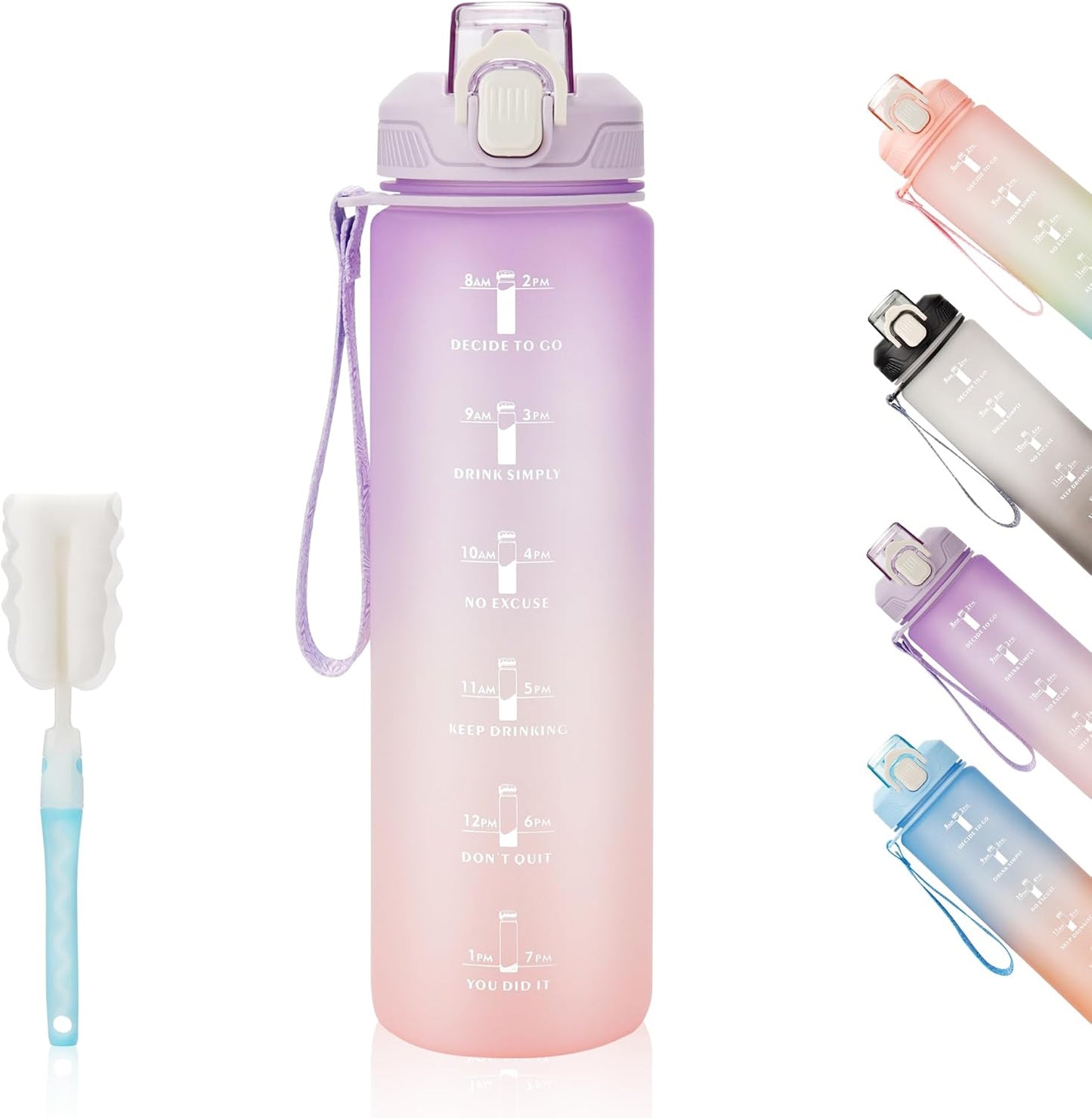 YC Kitchen Motivational Water Bottle with Time Marker- 32oz Water Bottles with Times to Drink, Leakproof & BPA Free Sports Water Bottle with Straw & Carry Strap for Fitness, Gym, and Outdoor Sports