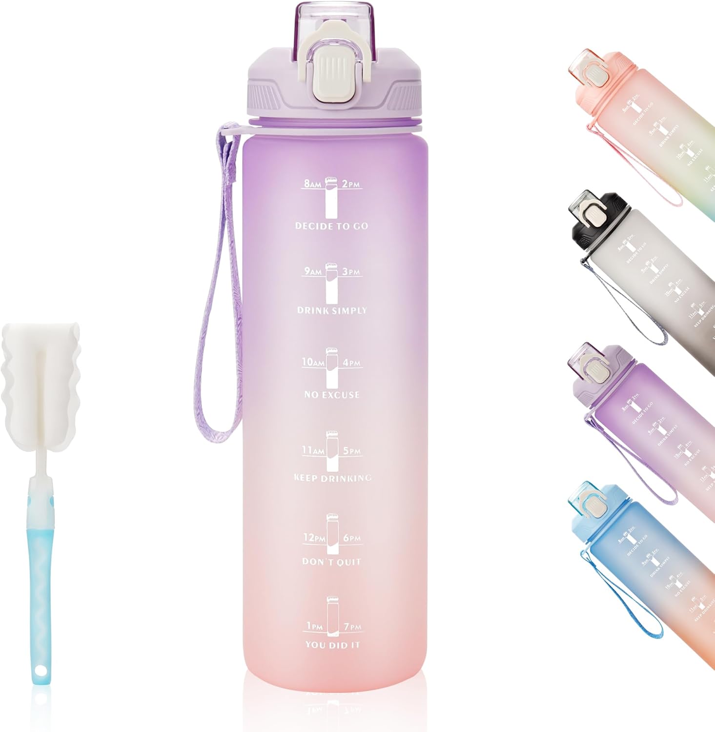 YC Kitchen Motivational Water Bottle with Time Marker- 32oz Water Bottles with Times to Drink, Leakproof & BPA Free Sports Water Bottle with Straw & Carry Strap for Fitness, Gym, and Outdoor Sports