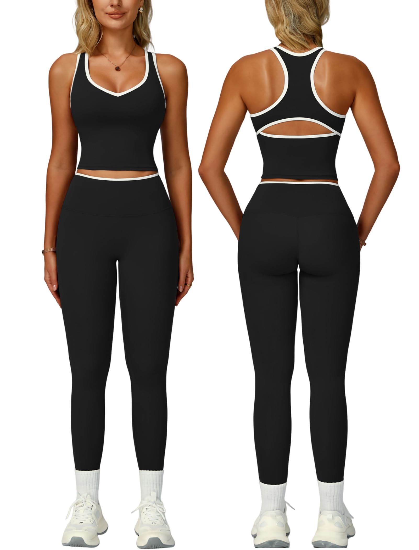 Women 2 Piece Workout Sets Racerback Color Block Tank Tops High Waist Tummy Control Active Leggings Yoga Outfits