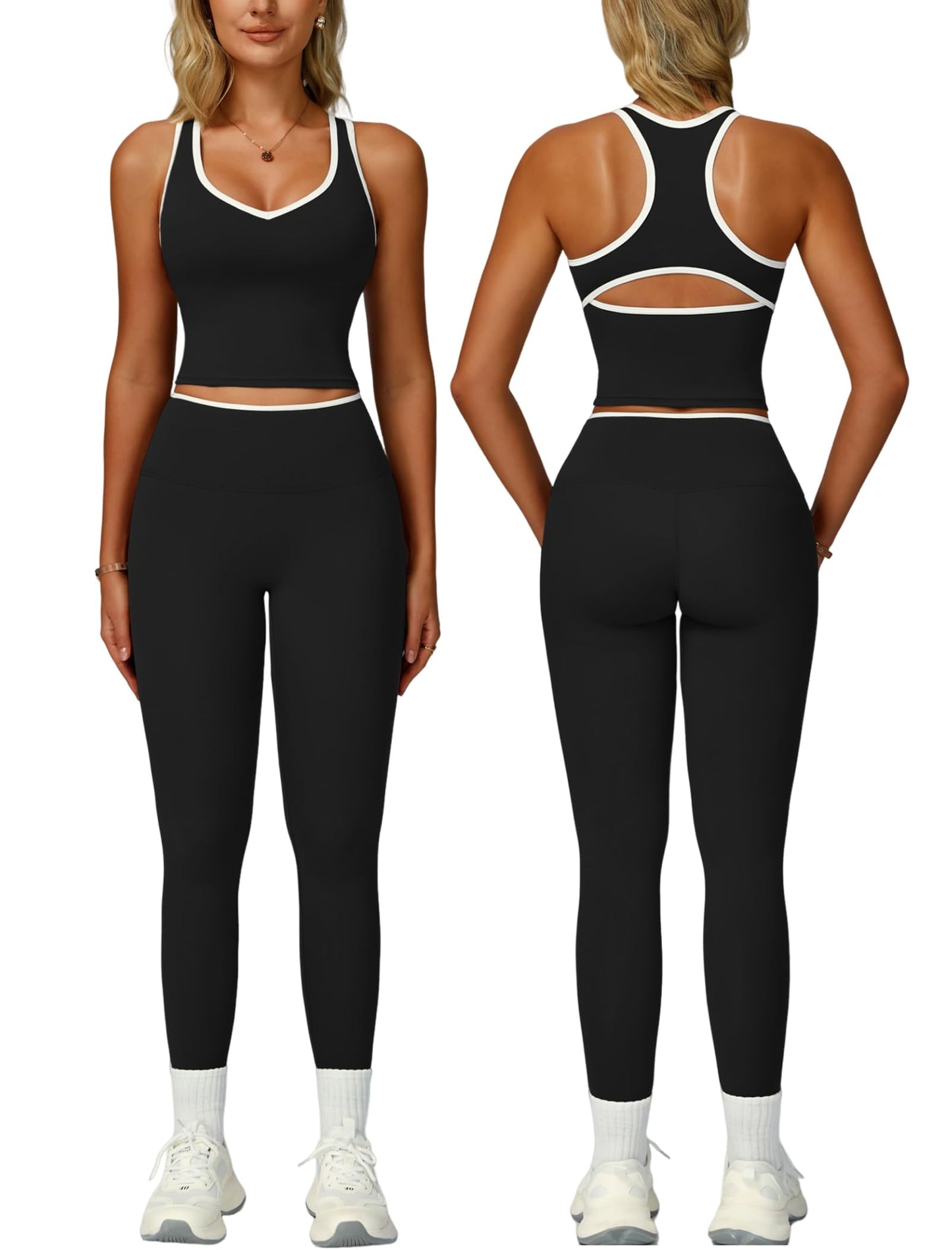 Women 2 Piece Workout Sets Racerback Color Block Tank Tops High Waist Tummy Control Active Leggings Yoga Outfits