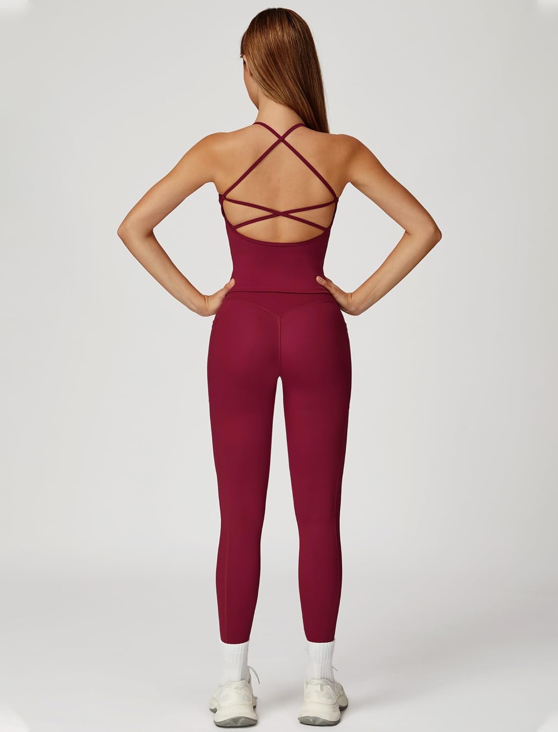 Women 2 Piece Workout Sets Padded Criss Cross Back Crop Tank Tops Tummy Control Leggings Yoga Outfits with Pocket