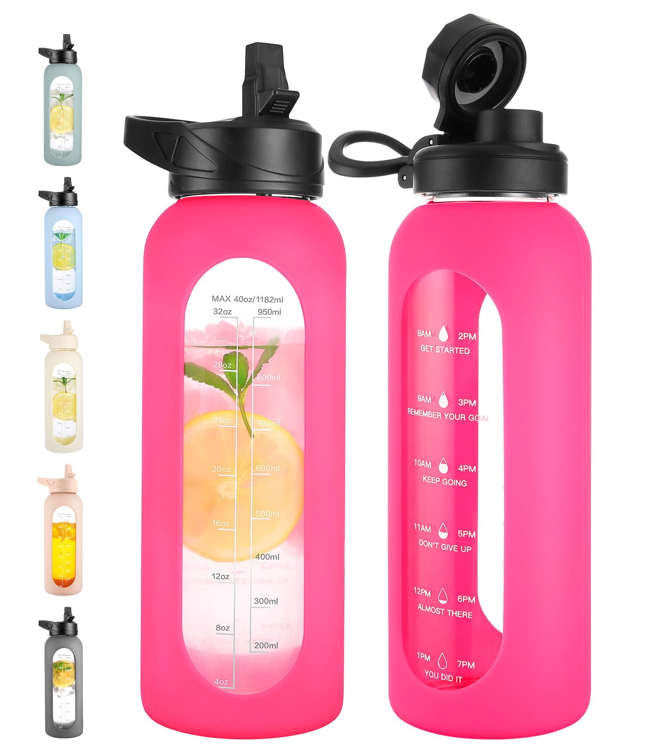 CIVAGO 32 oz Glass Water Bottle with Straw and Handle, Large Sports Motivational Water Bottle Flask with Time Marker and 2 Lids, Leakproof Water Jug Canteen with Silicone Sleeve for Gym,Black