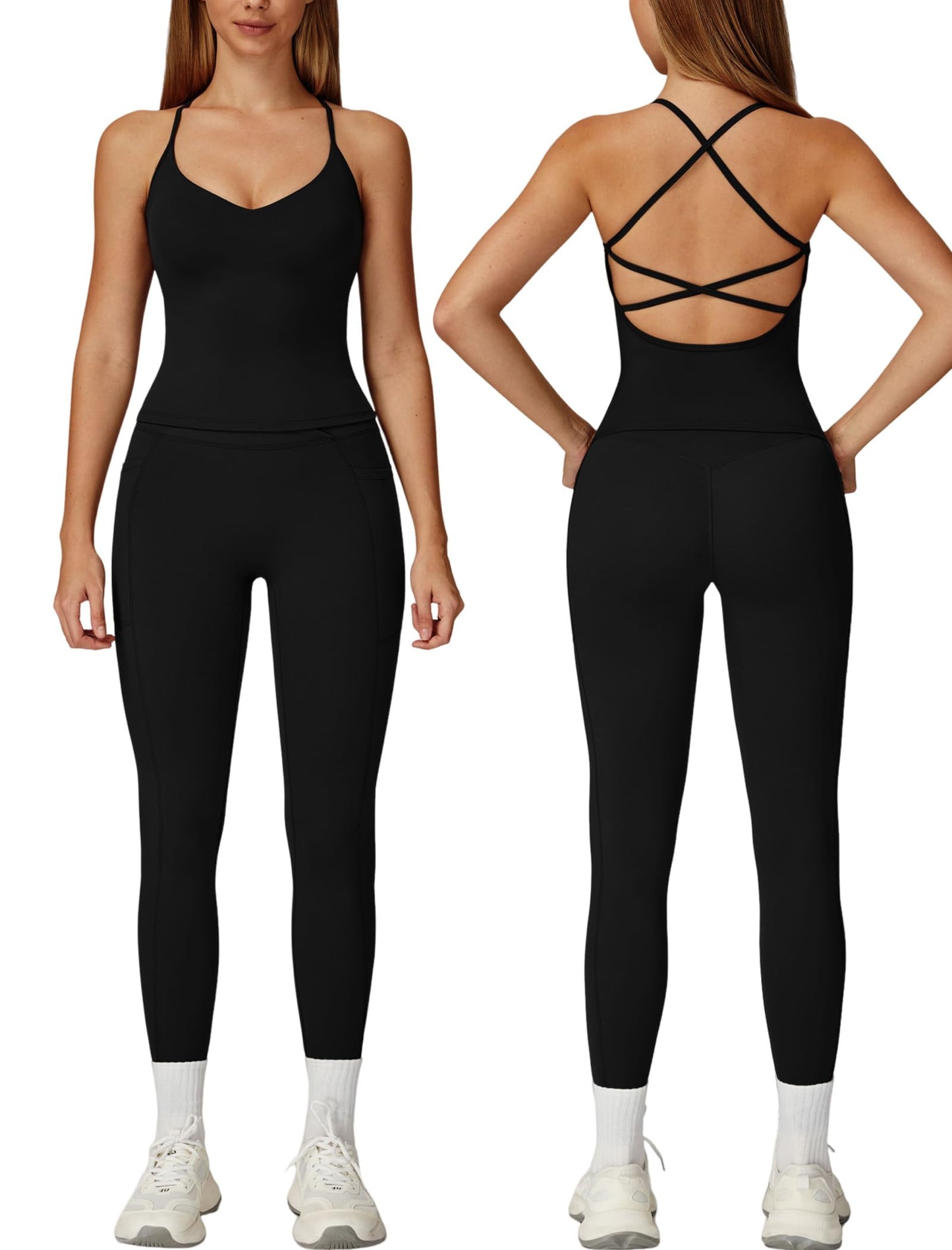 Women 2 Piece Workout Sets Padded Criss Cross Back Crop Tank Tops Tummy Control Leggings Yoga Outfits with Pocket
