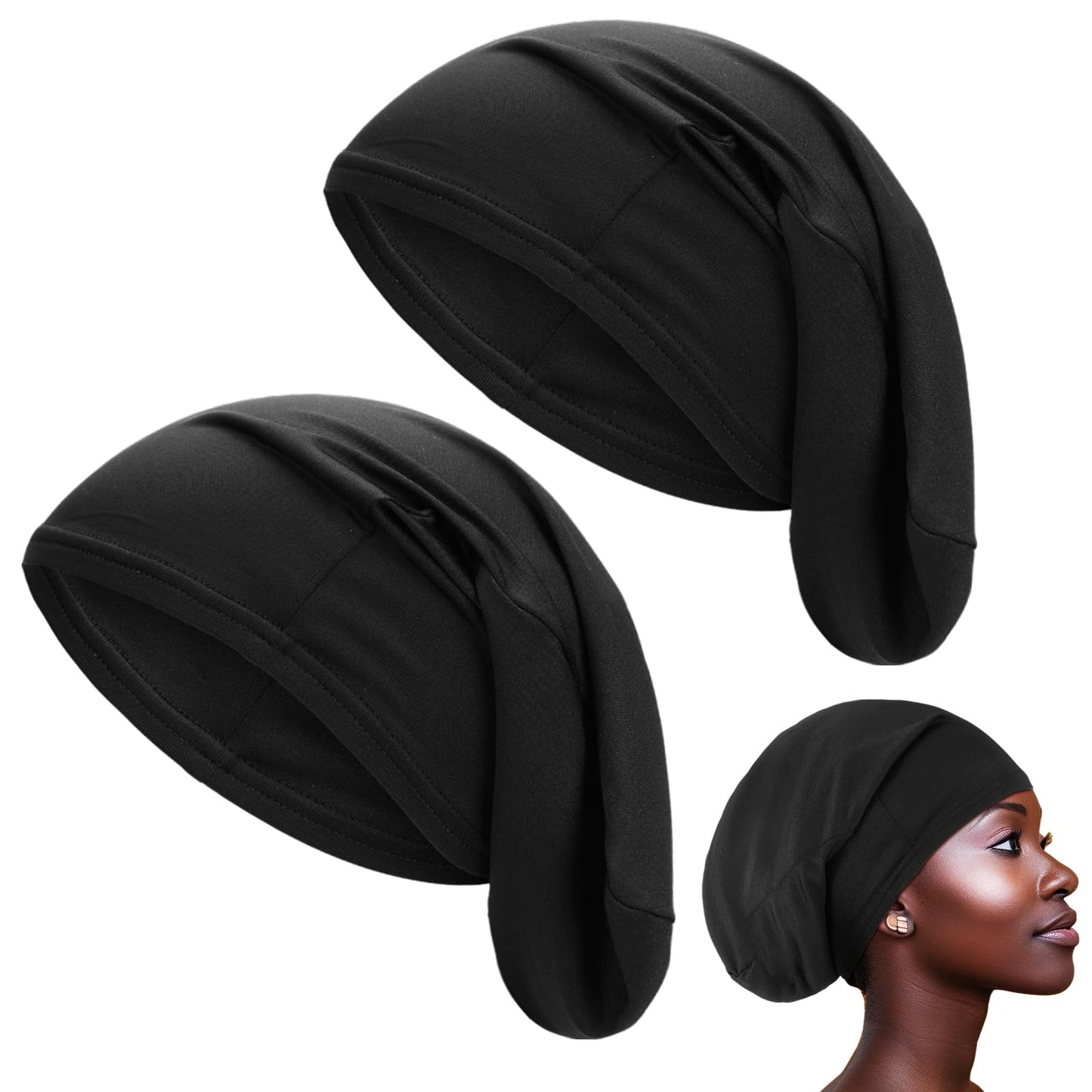 2 Pcs Jumbo Dreadlock Cap Hair Dreads Head Wrap Loc Wraps for Dreads Hair Accessories for Men Women Sleeping(Black,Black,37 Inches)