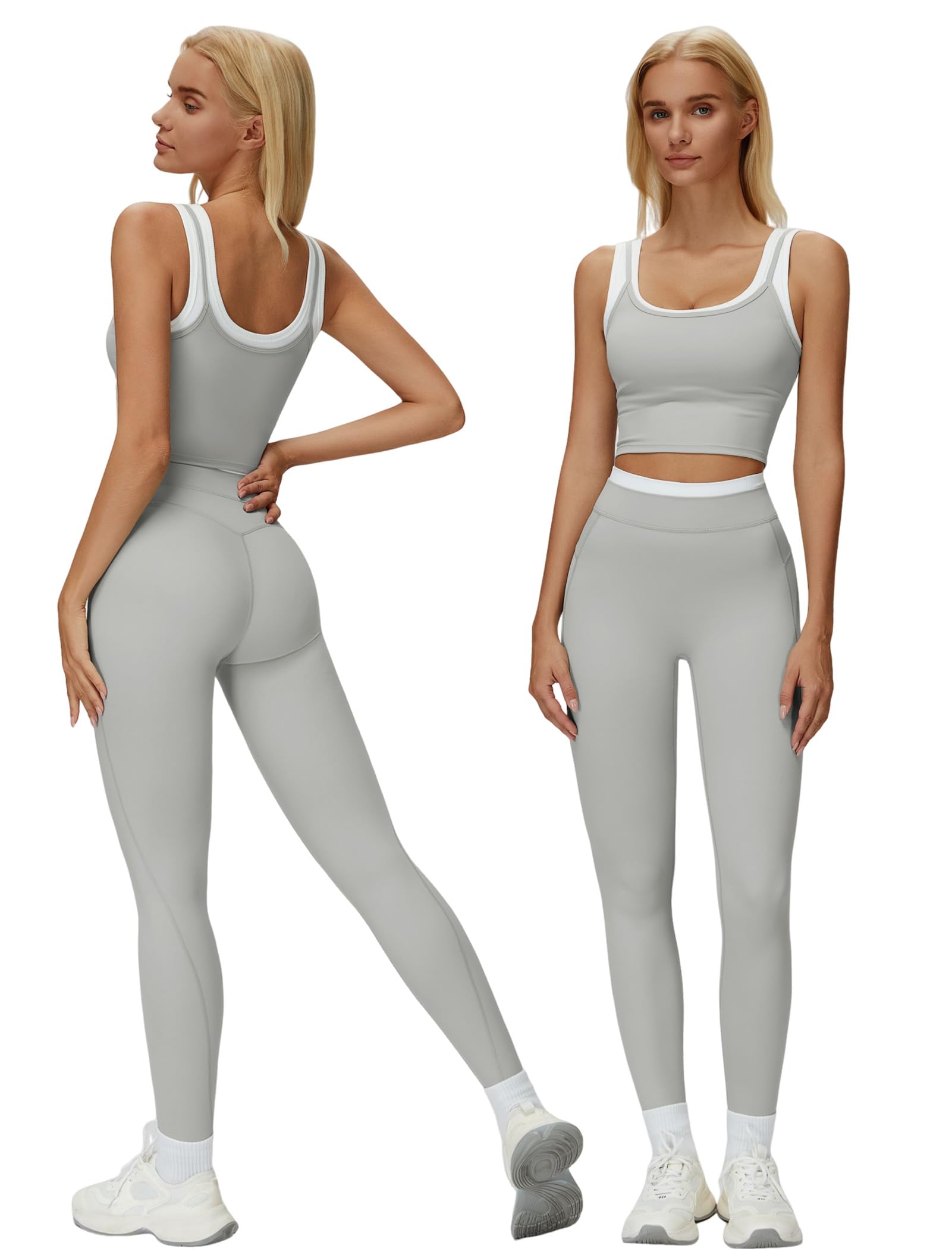 Women 2 Piece Workout Sets Racerback Color Block Tank Tops High Waist Tummy Control Active Leggings Yoga Outfits