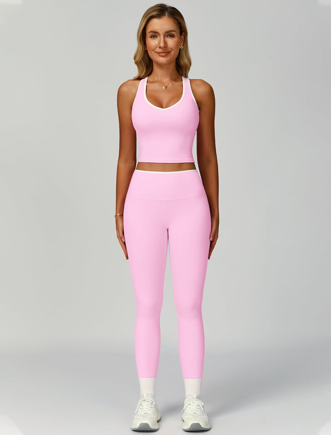 Women 2 Piece Workout Sets Racerback Color Block Tank Tops High Waist Tummy Control Active Leggings Yoga Outfits