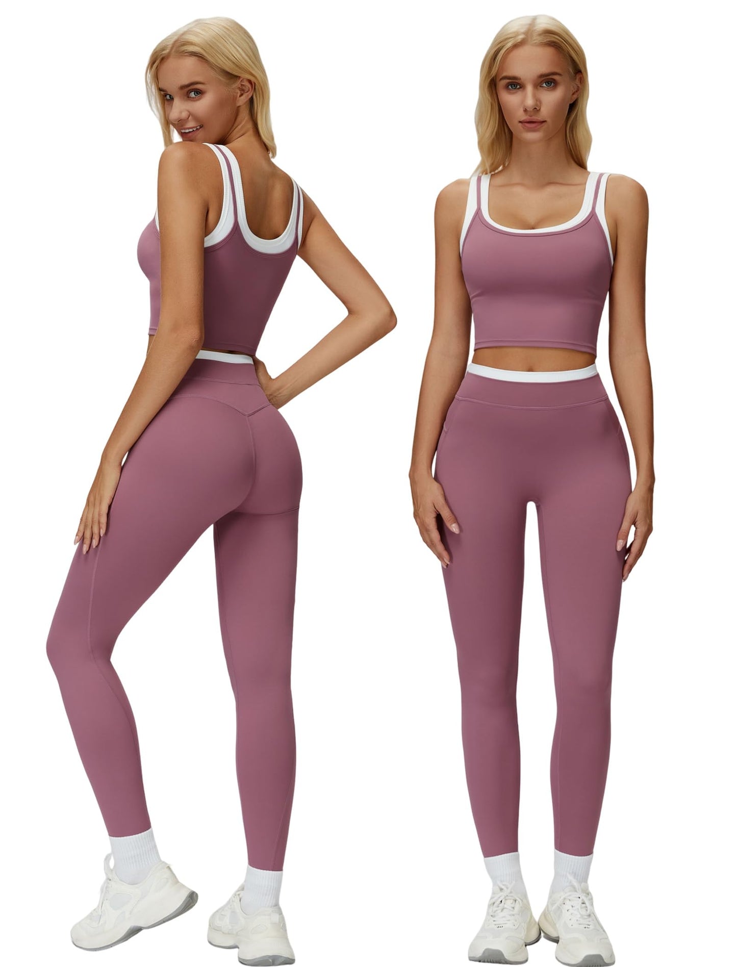 Women 2 Piece Workout Sets Racerback Color Block Tank Tops High Waist Tummy Control Active Leggings Yoga Outfits