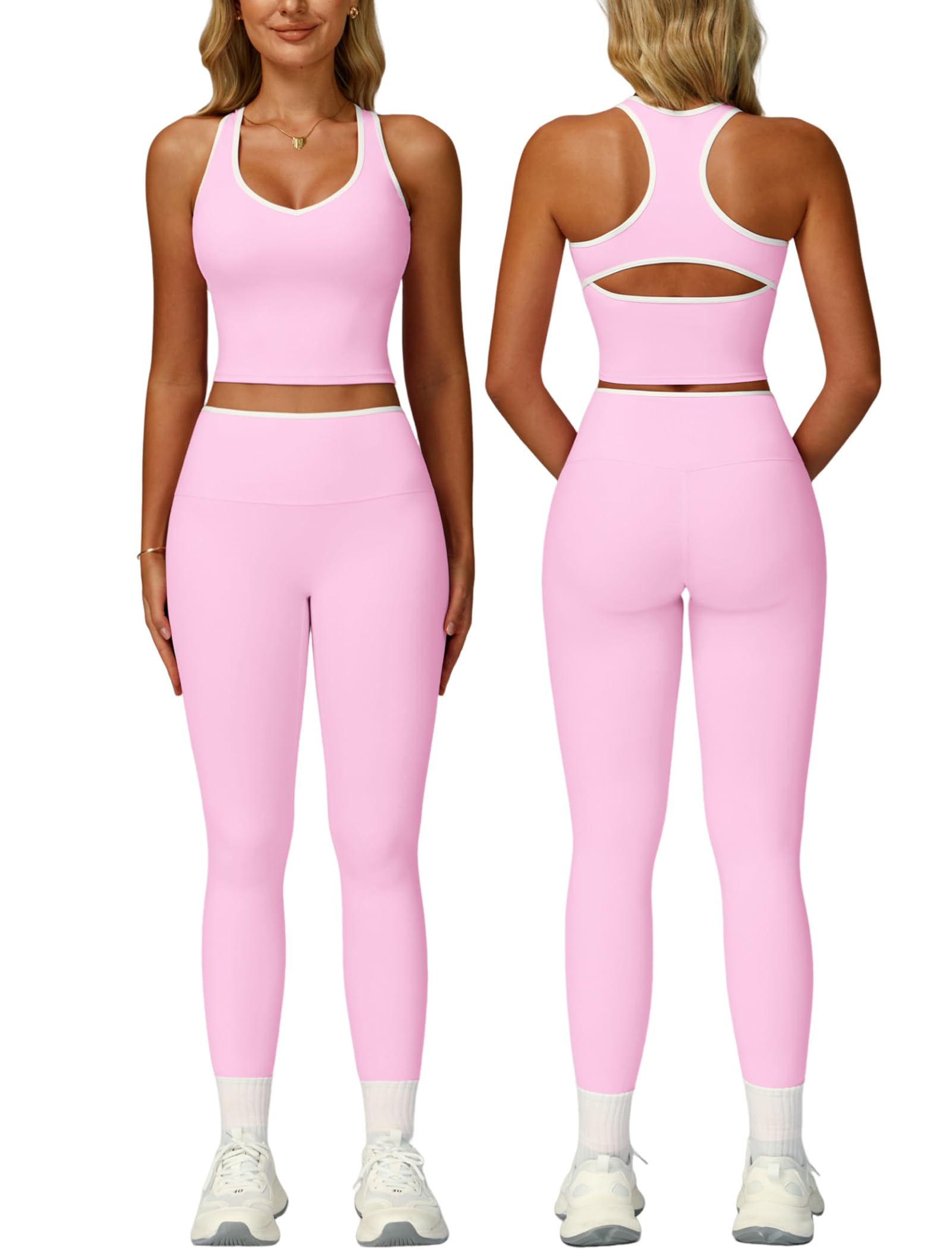 Women 2 Piece Workout Sets Racerback Color Block Tank Tops High Waist Tummy Control Active Leggings Yoga Outfits