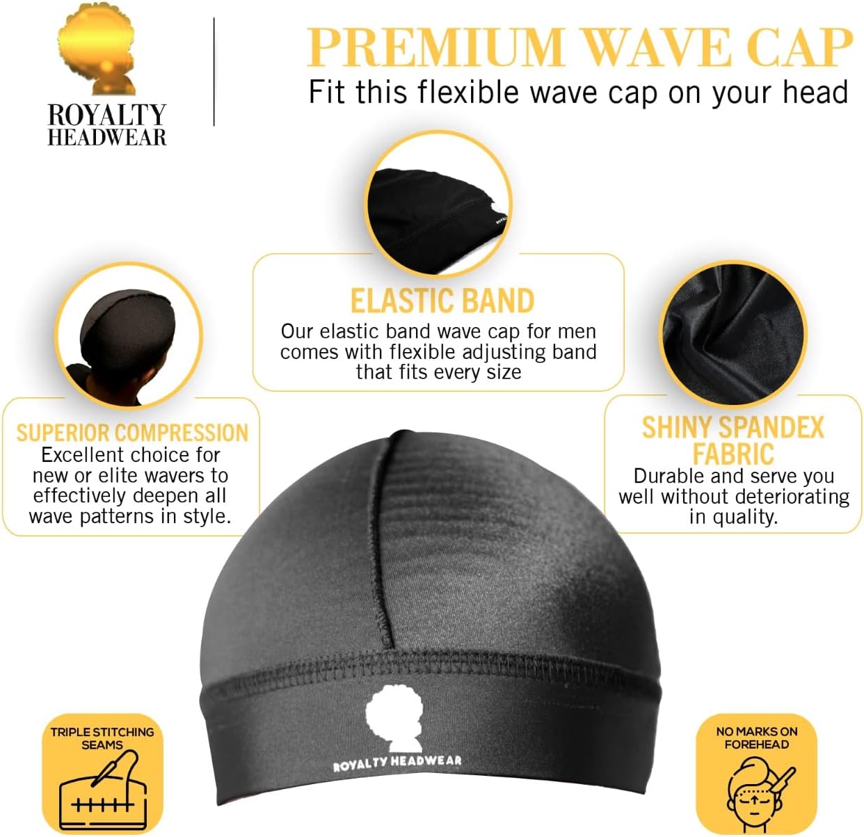 Royalty Headwear Silky Wave Cap for 360, 540 & 720 Waves, Soft Breathable Durag Skull Cap Beanie for Men