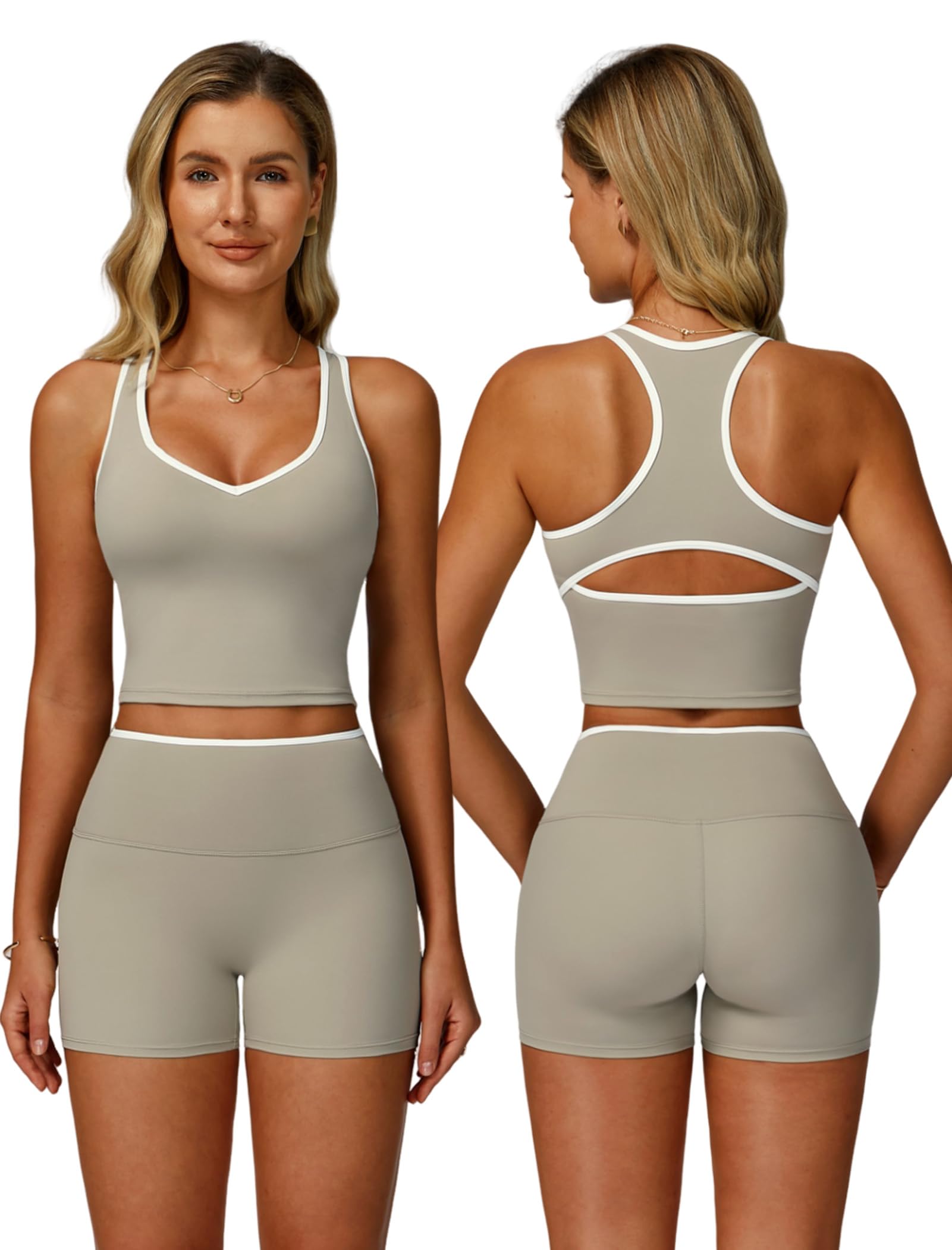 Women 2 Piece Workout Sets Racerback Color Block Tank Top High Waist Tummy Control Shorts Yoga Outfits