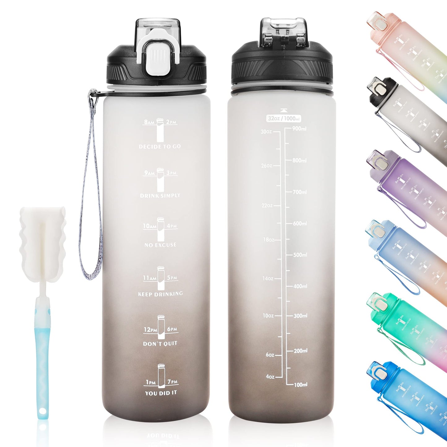 YC Kitchen Motivational Water Bottle with Time Marker- 32oz Water Bottles with Times to Drink, Leakproof & BPA Free Sports Water Bottle with Straw & Carry Strap for Fitness, Gym, and Outdoor Sports