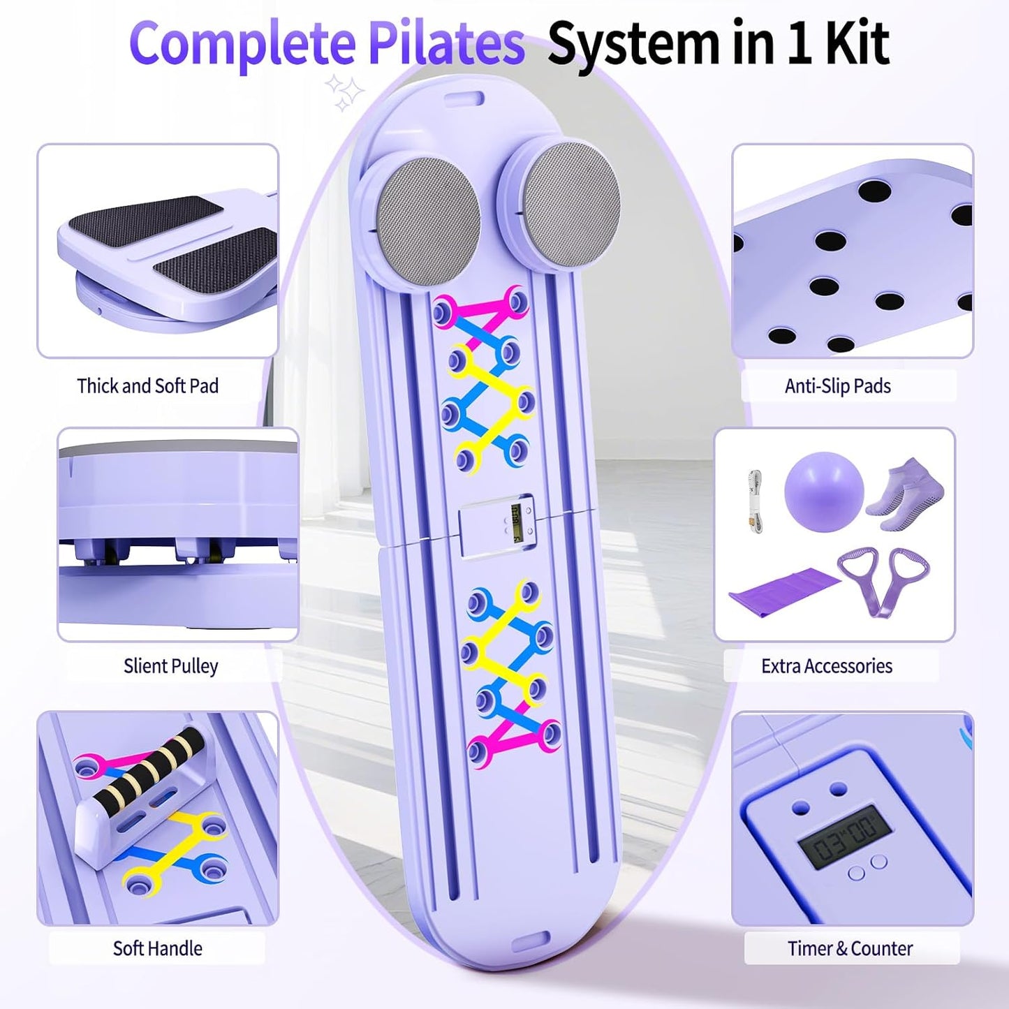 Pilates Board, Foldable Pilates Reformer Set for Home Workout with Timer, 6-in-1 Multifunctional Portable Reformer Pilates Machine at Home Pilates Equipment for Fitness,
