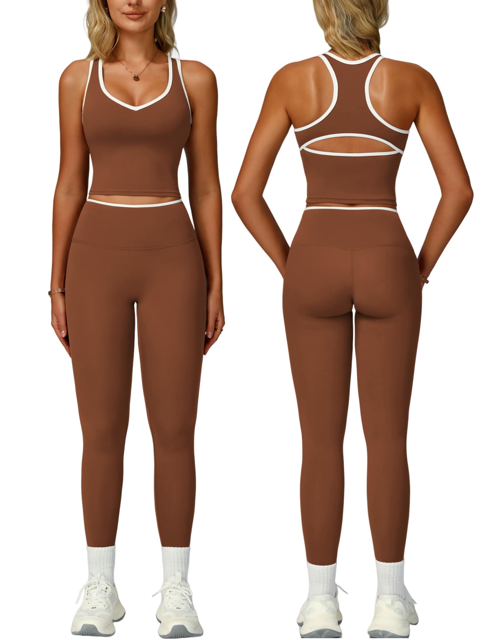 Women 2 Piece Workout Sets Racerback Color Block Tank Tops High Waist Tummy Control Active Leggings Yoga Outfits