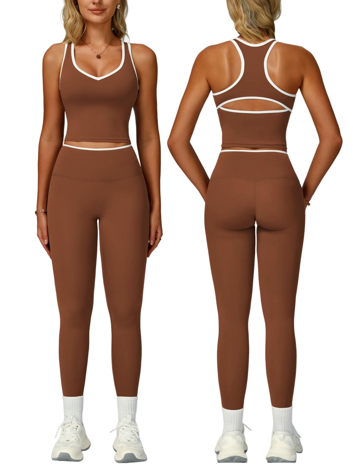 Women 2 Piece Workout Sets Racerback Color Block Tank Tops High Waist Tummy Control Active Leggings Yoga Outfits