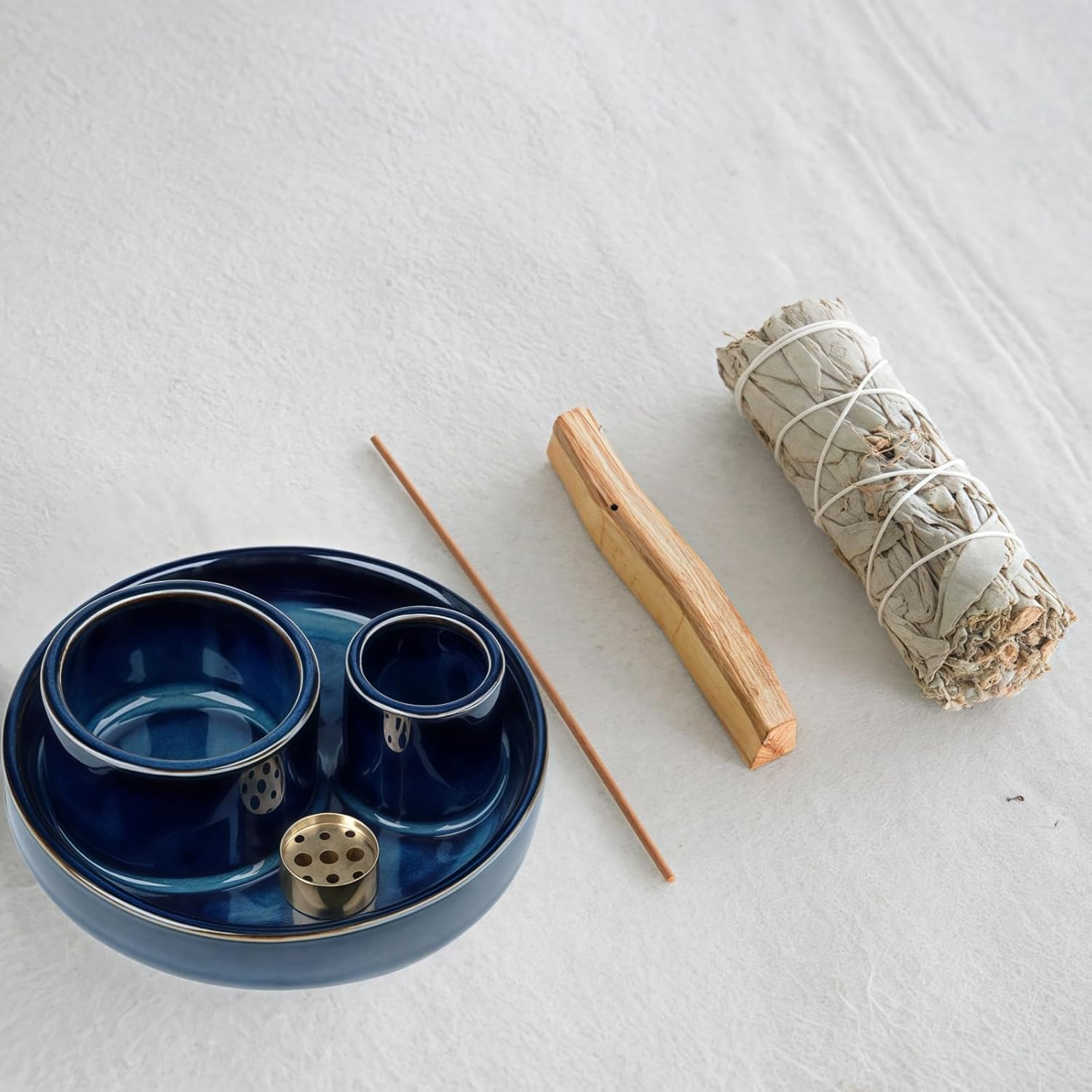 4 in 1 Incense Holder, Ceramic Incense Stick and Palo Santo Holder,Sage Holder for Burning- 4.25" Ceramic Ash Catcher Tray for Meditation and Yoga Room (Blue)