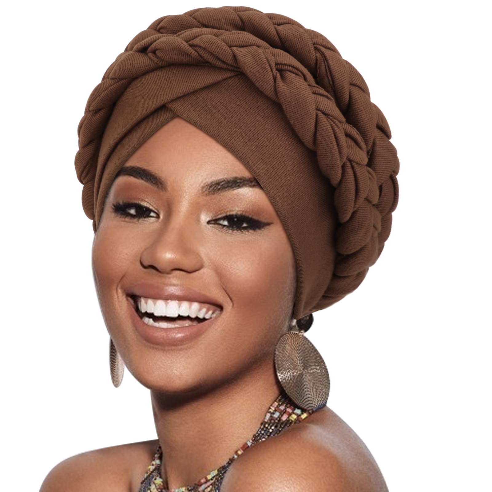 DRESHOW African Women Turban Caps Cotton Beanie Twist Headscarf Pre-Tied Double Twisted Braids Wrap Hat Chemo Cancer Cap