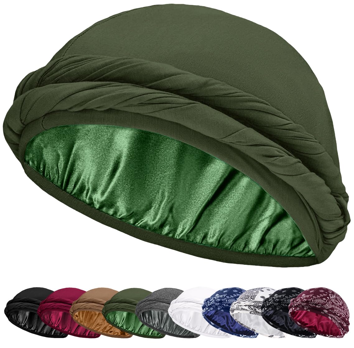Ababalaya Upgraded Satin Lined Halo Turban Durag for Men &Women Sleeping Bonnet PRE-Tied Headwraps for Hair Loss