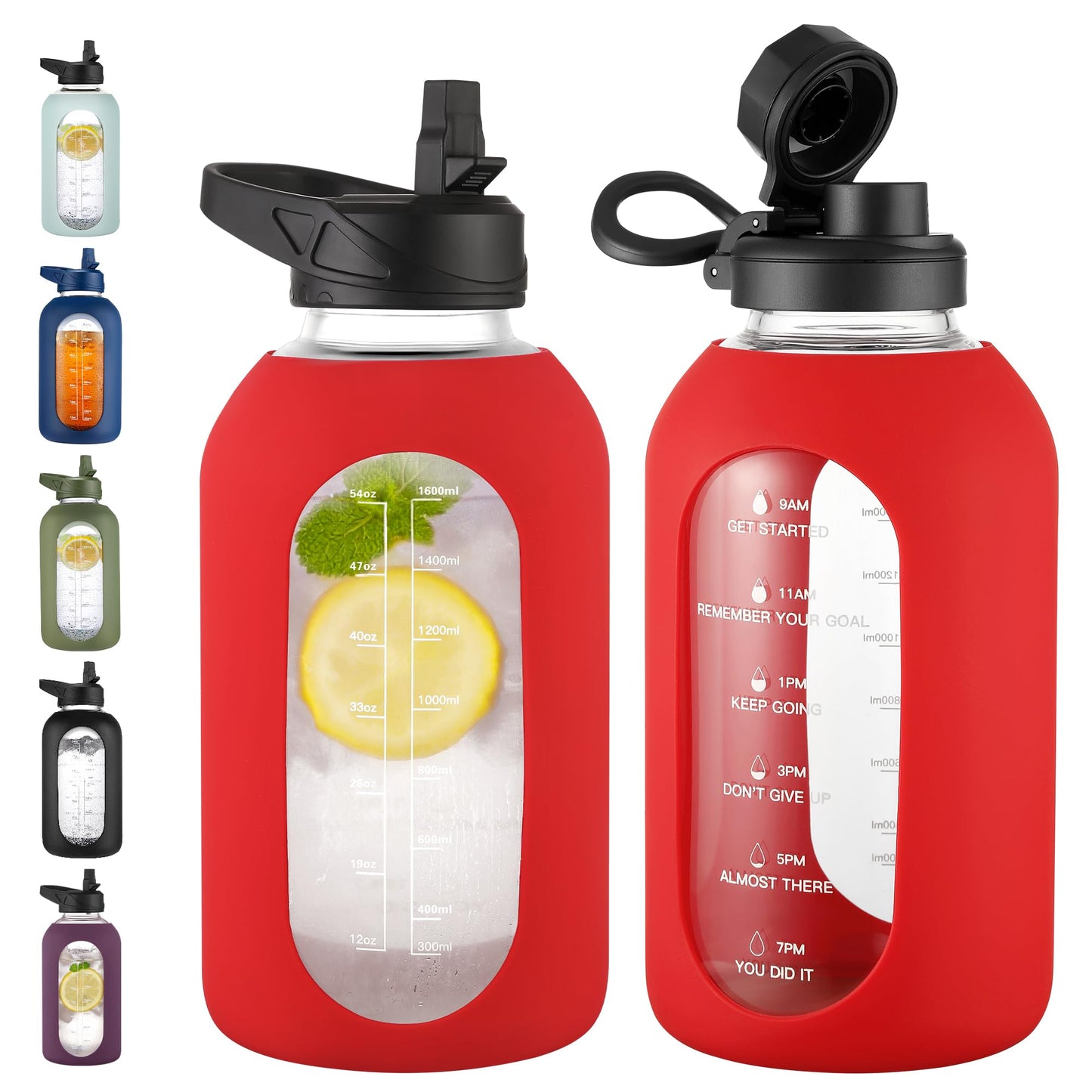 CIVAGO 32 oz Glass Water Bottle with Straw and Handle, Large Sports Motivational Water Bottle Flask with Time Marker and 2 Lids, Leakproof Water Jug Canteen with Silicone Sleeve for Gym,Black