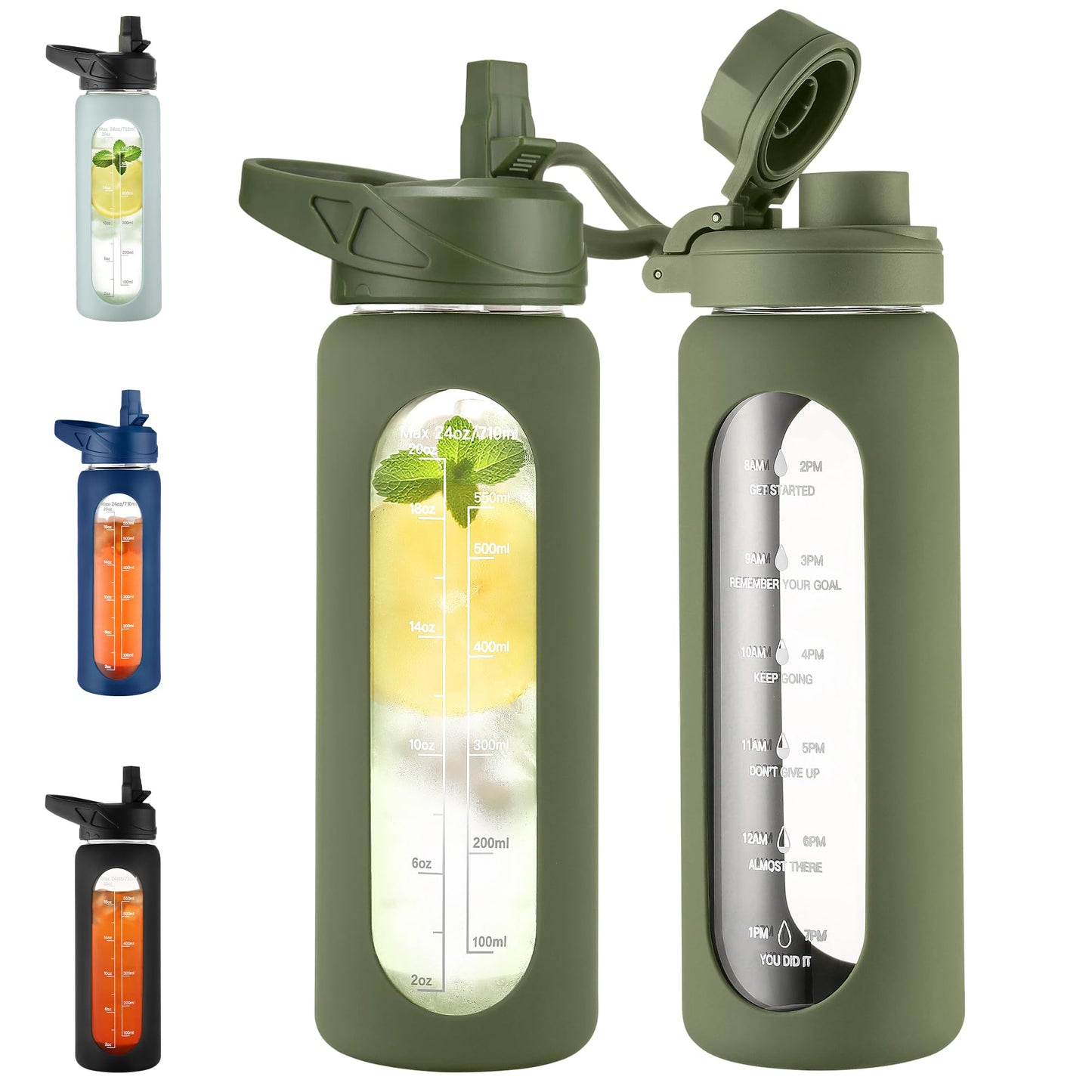 CIVAGO 32 oz Glass Water Bottle with Straw and Handle, Large Sports Motivational Water Bottle Flask with Time Marker and 2 Lids, Leakproof Water Jug Canteen with Silicone Sleeve for Gym,Black