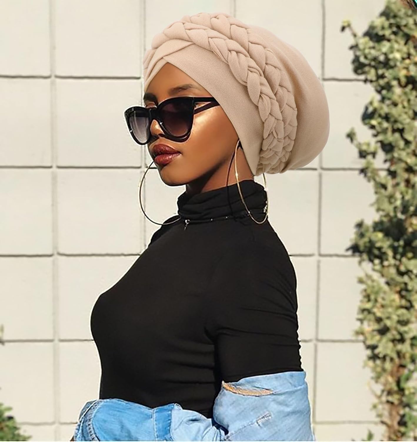 DRESHOW African Women Turban Caps Cotton Beanie Twist Headscarf Pre-Tied Double Twisted Braids Wrap Hat Chemo Cancer Cap