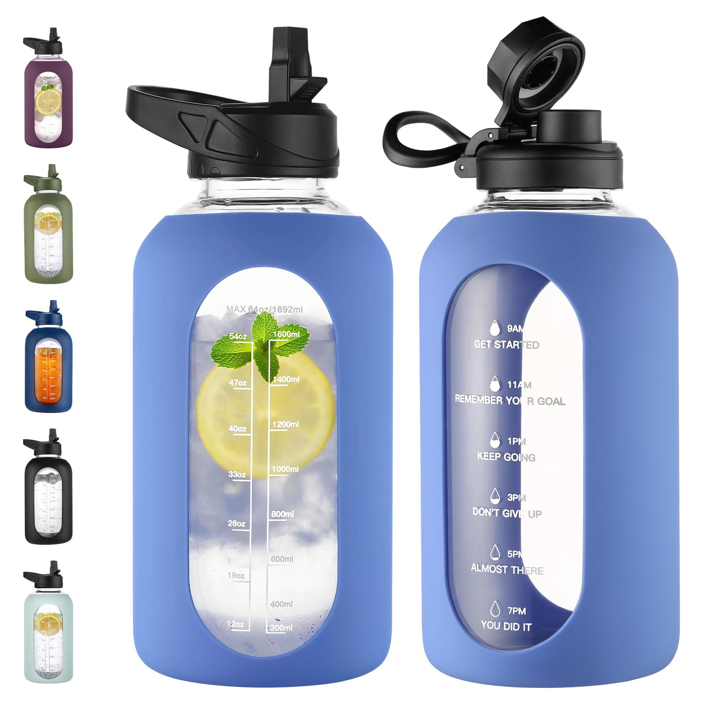 CIVAGO 32 oz Glass Water Bottle with Straw and Handle, Large Sports Motivational Water Bottle Flask with Time Marker and 2 Lids, Leakproof Water Jug Canteen with Silicone Sleeve for Gym,Black